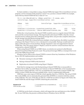218  |Chapter 4  Storage Configurations
To check whether a virtual disk is using a shared VHDX, the SupportPersistentReservations
property can be examined. If the property is set to True, you have a shared VHDX. For example,
notice that my shared VHDX file has a value of True:
PS C: Get-VMHardDiskDrive -VMName savdalfc01 | ft vmname, path, `
controllertype, SupportPersistentReservations -auto
 
VMName Path ControllerType SupportPersistentReservations
------ ---- ------------ -- ---
------
savdalfc01 C:ClusterSto..savdalfc01savdalfc01.vhdx SCSI False
savdalfc01 C:ClusterSto.. Shared VHDXsavdalfcshared1.vhdx SCSI True
Within the virtual machine, the shared VHDX would be seen as a regular shared SAS disk
and used like normal shared storage. The huge benefit with shared VHDX is that the virtual
machine knows nothing about the underlying storage fabric and provides complete abstraction
for the storage from the physical storage fabric.
Because the VHDX file is shared between multiple virtual machines, the ability to perform
a backup at the Hyper-V host or even a checkpoint is not possible. Backups would need to be
taken within the guest virtual machine. Storage migration is also not supported for shared
VHDX files. This also means Hyper-V Replica cannot be used for virtual machines that are
connected to a shared VHDX file.
When using Shared VHDX on an SMB 3 share, an entirely new protocol called Remote
Shared Virtual Hard Disk Protocol is used. This protocol leverages SMB as a transport but is not
part of the SMB protocol itself.
Windows Server 2016 evolves shared VHDX to remove three key limitations of the Windows
Server 2012 R2 implementation and enables:
◆
◆ Dynamic resizing of a shared VHDX
◆
◆ Backup of shared VHDX at the host level
◆
◆ Replication of a shared VHDX using Hyper-V Replica
Note that live storage move and checkpointing of shared VHDX files is not possible in
Windows Server 2016. To enable these new features of shared VHDX files, it has transitioned to
a new feature called VHD Sets. VHD Sets accomplishes the same result as shared VHDX—the
ability to share VHDX files between multiple hosts—but it is implemented differently.
VHD Sets uses a new type of VHD file, which signifies that it is a VHD Set. The actual VHDS
file is only 260KB, and an automatically generated file (AVDHX) is created to hold the content
of the VHD Set. The view of the files on disk for a VHD Set are shown in Figure 4.29. Notice the
small VHDS file and the larger AVHDX containing the actual data.
Figure 4.29
VHD Set files on disk
A VHD Set can be fixed or dynamic, which will impact the size and behavior of the AVHDX
file. To use VHD Sets, the process is different than in Windows Server 2012 R2:
 
