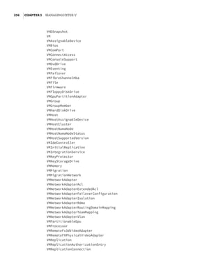 256  |Chapter 5  Managing Hyper-V 
VHDSnapshot
VM
VMAssignableDevice
VMBios
VMComPort
VMConnectAccess
VMConsoleSupport
VMDvdDrive
VMEventing
VMFailover
VMFibreChannelHba
VMFile
VMFirmware
VMFloppyDiskDrive
VMGpuPartitionAdapter
VMGroup
VMGroupMember
VMHardDiskDrive
VMHost
VMHostAssignableDevice
VMHostCluster
VMHostNumaNode
VMHostNumaNodeStatus
VMHostSupportedVersion
VMIdeController
VMInitialReplication
VMIntegrationService
VMKeyProtector
VMKeyStorageDrive
VMMemory
VMMigration
VMMigrationNetwork
VMNetworkAdapter
VMNetworkAdapterAcl
VMNetworkAdapterExtendedAcl
VMNetworkAdapterFailoverConfiguration
VMNetworkAdapterIsolation
VMNetworkAdapterRdma
VMNetworkAdapterRoutingDomainMapping
VMNetworkAdapterTeamMapping
VMNetworkAdapterVlan
VMPartitionableGpu
VMProcessor
VMRemoteFx3dVideoAdapter
VMRemoteFXPhysicalVideoAdapter
VMReplication
VMReplicationAuthorizationEntry
VMReplicationConnection
 
