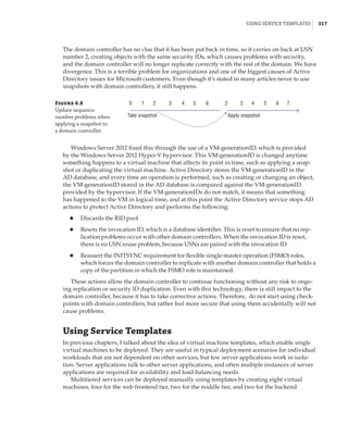 Using Service Templates |  317
The domain controller has no clue that it has been put back in time, so it carries on back at USN
number 2, creating objects with the same security IDs, which causes problems with security,
and the domain controller will no longer replicate correctly with the rest of the domain. We have
divergence. This is a terrible problem for organizations and one of the biggest causes of Active
Directory issues for Microsoft customers. Even though it’s stated in many articles never to use
snapshots with domain controllers, it still happens.
Figure 6.8
Update sequence
number problems when
applying a snapshot to
a domain controller.
0 1
Take snapshot Apply snapshot
2 3 4 5 6 2 3 4 5 6 7
Windows Server 2012 fixed this through the use of a VM-generationID, which is provided
by the Windows Server 2012 Hyper-V hypervisor. This VM-generationID is changed anytime
something happens to a virtual machine that affects its point in time, such as applying a snap-
shot or duplicating the virtual machine. Active Directory stores the VM-generationID in the
AD database, and every time an operation is performed, such as creating or changing an object,
the VM-generationID stored in the AD database is compared against the VM-generationID
provided by the hypervisor. If the VM-generationIDs do not match, it means that something
has happened to the VM in logical time, and at this point the Active Directory service stops AD
actions to protect Active Directory and performs the following:
◆
◆ Discards the RID pool
◆
◆ Resets the invocation ID, which is a database identifier. This is reset to ensure that no rep-
lication problems occur with other domain controllers. When the invocation ID is reset,
there is no USN reuse problem, because USNs are paired with the invocation ID.
◆
◆ Reassert the INITSYNC requirement for flexible single-master operation (FSMO) roles,
which forces the domain controller to replicate with another domain controller that holds a
copy of the partition in which the FSMO role is maintained.
These actions allow the domain controller to continue functioning without any risk to ongo-
ing replication or security ID duplication. Even with this technology, there is still impact to the
domain controller, because it has to take corrective actions. Therefore, do not start using check-
points with domain controllers, but rather feel more secure that using them accidentally will not
cause problems.
Using Service Templates
In previous chapters, I talked about the idea of virtual machine templates, which enable single
virtual machines to be deployed. They are useful in typical deployment scenarios for individual
workloads that are not dependent on other services, but few server applications work in isola-
tion. Server applications talk to other server applications, and often multiple instances of server
applications are required for availability and load-balancing needs.
Multitiered services can be deployed manually using templates by creating eight virtual
machines, four for the web frontend tier, two for the middle tier, and two for the backend
 