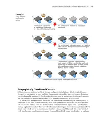 Understanding Quorum and Why It’s Important |  347
Figure 7.8
Force Quorum
resiliency in
action
VOTE VOTE VOTE VOTE VOTE
VOTE VOTE VOTE VOTE VOTE
VOTE VOTE VOTE VOTE VOTE
VOTE VOTE VOTE VOTE VOTE
1
Force Quorum is performed
on this partition of the cluster,
as it does not have quorum majority.
This partition of the cluster is not available and
not running.
This partition starts and makes quorum, as it has three
out of five votes. Both partitions are now running and
have split-brain.
Communication is restored. The partition that
made quorum will detect a partition that has forced
quorum and will therefore restart its cluster service
in Prevent Quorum mode, which will make it join
the Force Quorum partition.
Cluster now has quorum majority and exits forced quorum.
2
3
4
Geographically Distributed Clusters
With enhancements to networking, storage, and particularly Failover Clustering in Windows
Server, it is much easier to have multisite clusters, and many of the quorum features discussed
previously can be very useful. The first decision that must be made when dealing with a multi-
site environment is how the switch of services between sites should be performed.
If the failover between sites is automatic, the sites can be considered equal. In that case, it’s
important to use a file share witness in a third location to ensure that if one site fails, the other
site can use the witness vote and make quorum and offer services. If you have a synchronous
storage replication solution that supports arbitration of storage, a disk witness could be used, but
this is rare, which is why in most cases a file share witness would be used. It is important that
both sites have an equal number of nodes. You would need to leverage a technology to replicate
 