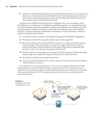 14  |Chapter 1  Introduction to Virtualization and Microsoft Solutions 
◆
◆ NTFS is not a shared filesystem and can be mounted by only one OS at a time, which means
that when a virtual machine moves between hosts in a cluster, the logical unit number, or
LUN (which is a block of storage from a SAN), must be dismounted from the source host
and mounted on the target host. This takes time.
Windows Server 2008 R2 solved both of these challenges. First, a new technology called
Live Migration was introduced. Live Migration enabled the memory of a virtual machine and
the virtual machine’s state to be replicated to another host while the virtual machine was still
running and then switched over to the new host with no downtime. I cover this in detail in
Chapter 7, “Failover Clustering and Migration Technologies,” but the technology worked at a
high level using the following steps:
	1.	 A container VM was created on the target host using the existing VM’s configuration.
	2.	 The memory of the VM was copied from the source to the target VM.
	3.	 Because the VM was still running while the memory was copied, some of the memory
content changed. Those dirty pages were copied over again. This process repeated
numerous iterations, with the number of dirty pages shrinking by a magnitude each
iteration, so the time to copy the dirty pages shrank greatly.
	4.	 Once the number of dirty pages was very small, the VM was paused and the remaining
memory pages were copied over along with the processor and device state.
	5.	 The VM was resumed on the target Hyper-V host.
	6.	 A reverse unsolicited ARP was sent over the network, notifying routing devices that the
VM’s IP address was moved.
The whole process can be seen in Figure 1.5. You may be concerned about Step 4, the VM
being paused for a copy of the final few pages of dirty memory. This is common across all
hypervisors and is necessary; however, only milliseconds of time are involved, so it’s too small
to notice and well below the TCP connection time-out, which means no connections to the
server would be lost.
Figure 1.5
A high-level view of the
Live Migration process
2. Content of memory
copied from active node
3. Copy of dirty pages repeated
until amount of memory delta
movable in milliseconds
1. New virtual machine
provisioned on target node
but not active
4. For final copy, active is paused
so no dirty pages during final
copy if required.
Partition state copied.
 