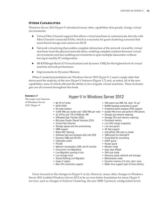 History of Hyper-V |  21
Other Capabilities
Windows Server 2012 Hyper-V introduced many other capabilities that greatly change virtual
environments:
◆
◆ Virtual Fibre Channel support that allows virtual machines to communicate directly with
Fibre Channel–connected SANs, which is a necessity for guest clustering scenarios that
need shared storage and cannot use iSCSI
◆
◆ Network virtualizing that enables complete abstraction of the network viewed by virtual
machines from the physical network fabric, enabling complete isolation between virtual
environments and also enabling environments to span multiple datacenters without
having to modify IP configuration
◆
◆ SR-IOV(Single Root I/O Virtualization) and dynamic VMQ for the highest level of virtual
machine network performance
◆
◆ Improvements to Dynamic Memory
When I created presentations for Windows Server 2012 Hyper-V, I used a single slide that
showcased the majority of the new Hyper-V features (Figure 1.7) and, as noted, all of the new
capabilities, none of which affected the ability to live-migrate virtual machines. These technolo-
gies are all covered throughout this book.
Figure 1.7
The major new features
of Windows Server
2012 Hyper-V
Hyper-V in Windows Server 2012
• No VP:LP limits
• 64TB VHDX
• 64-node clusters
• 4,000 VMs per cluster and 1,000 VMs per node
• 32 vCPUs and 1TB of RAM per VM
• Offloaded Data Transfer (ODX)
• BitLocker Cluster Shared Volumes (CSV)
• Virtual Fibre Channel
• Storage spaces and thin provisioning
• SMB support
• Native NIC Teaming
• Software QoS and hardware QoS with DCB
• Dynamic VMQ and SR-IOV
• Extensible switch
• PVLAN
• Network virtualization (GRE and IP-rewrite)
• Concurrent Live Migrations
• Live Migration queuing in box
• Live storage move
• Shared Nothing Live Migration
• Hyper-V replica
• New CPU instruction support
• VM import raw XML file. Auto “fix up”
• NUMA topology presented to guest
• Predictive failure analysis (PFA) support
• Isolate HW errors and perform VM actions
• Storage and network metering
• Average CPU and memory metering
• Persistent metrics
• Live VHD merge (snapshot)
• Live new parent
• 4K disk support
• Anti-affinity VM rules in cluster
• VMConnect for RemoteFX
• PowerShell for everything
• DHCP guard
• Router guard
• Monitor mode
• lpsec task offload
• VM trunk mode
• Resource pools (network and storage)
• Maintenance mode
• Dynamic memory 2.0 (min, start, max)
• Better linux support (part of linux distros)
I have focused on the changes to Hyper-V so far. However, many other changes in Windows
Server 2012 enabled Windows Server 2012 to be an even better foundation for many Hyper-V
services, such as changes to Failover Clustering, the new SMB 3 protocol, configuration levels
 