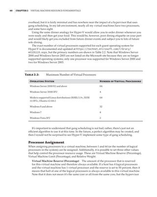 60  |Chapter 2  Virtual Machine Resource Fundamentals
overhead, but it is fairly minimal and has nowhere near the impact of a hypervisor that uses
gang scheduling. In my lab environment, nearly all my virtual machines have two processors,
and some have eight.
Using the same dinner analogy for Hyper-V would allow you to order dinner whenever you
were ready and then get your food. This would be, however, poor dining etiquette on your part
and would likely get you excluded from future dinner events and subject you to lots of future
solo dining.
The exact number of virtual processors supported for each guest operating system for
Hyper-V is documented and updated at https://technet.microsoft.com/library/
mt126119.aspx, but the primary numbers are shown in Table 2.2. Note that Windows Server
2000 and Windows Server 2003 are not listed on the Microsoft site because they are no longer
supported operating systems; only one processor was supported for Windows Server 2000 and
two for Windows Server 2003.
Table 2.2:	 Maximum Number of Virtual Processors
Operating System Number of Virtual Processors
Windows Server 2008 R2 and above 64
Windows Server 2008 SP2 4
Modern supported Linux distributions (RHEL 5.9+, SUSE
11 SP2+, Ubuntu 12.04+)
64
Windows 8 and above 32
Windows 7 4
Windows Vista SP2 2
It’s important to understand that gang scheduling is not bad; rather, there’s just not an
efficient algorithm to use it at this time. In the future, a perfect algorithm may be created, and
then I would not be surprised to see Hyper-V implement some type of gang scheduling.
Processor Assignment
When assigning processors to a virtual machine, between 1 and 64 (or the number of logical
processors in the system) can be assigned. Additionally, it is possible to set three other values
that help control the processor resource usage. These are Virtual Machine Reserve (Percentage),
Virtual Machine Limit (Percentage), and Relative Weight:
Virtual Machine Reserve (Percentage)    The amount of the processor that is reserved
for this virtual machine and therefore always available. If a host has 4 logical processors
and the virtual machine has 1 virtual processor and the reserve is set to 50 percent, then it
means that half of one of the logical processors is always available to this virtual machine.
Note that it does not mean it’s the same core or all from the same core, but the hypervisor
 