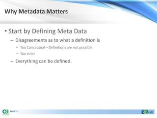 Why Metadata Matters


• Start by Defining Meta Data
  – Disagreements as to what a definition is
      • Too Conceptual – Definitions are not possible
      • Too strict
  – Everything can be defined.




 PAGE 15
 