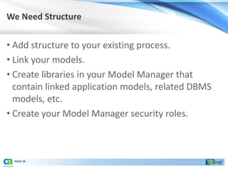 We Need Structure


• Add structure to your existing process.
• Link your models.
• Create libraries in your Model Manager that
  contain linked application models, related DBMS
  models, etc.
• Create your Model Manager security roles.



 PAGE 26
 