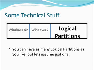 Some Technical Stuff Windows XP Windows 7 You can have as many Logical Partitions as you like, but lets assume just one. Logical Partitions 