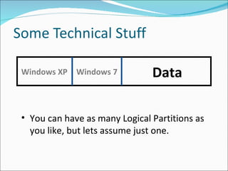 Some Technical Stuff Windows XP Windows 7 Data You can have as many Logical Partitions as you like, but lets assume just one. 