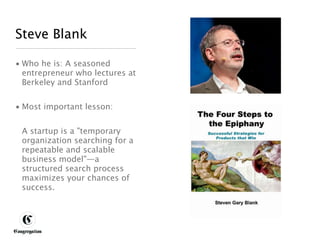Steve Blank

 • Who he is: A seasoned
   entrepreneur who lectures at
   Berkeley and Stanford


 • Most important lesson:


       A startup is a "temporary
       organization searching for a
       repeatable and scalable
       business model"—a
       structured search process
       maximizes your chances of
       success.




DESIGNING BETTER BUSINESS
 
