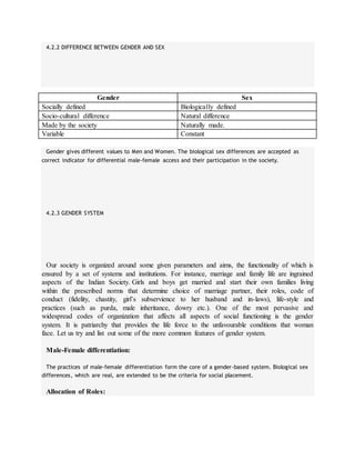 4.2.2 DIFFERENCE BETWEEN GENDER AND SEX
Gender Sex
Socially defined Biologically defined
Socio-cultural difference Natural difference
Made by the society Naturally made.
Variable Constant
Gender gives different values to Men and Women. The biological sex differences are accepted as
correct indicator for differential male-female access and their participation in the society.
4.2.3 GENDER SYSTEM
Our society is organized around some given parameters and aims, the functionality of which is
ensured by a set of systems and institutions. For instance, marriage and family life are ingrained
aspects of the Indian Society. Girls and boys get married and start their own families living
within the prescribed norms that determine choice of marriage partner, their roles, code of
conduct (fidelity, chastity, girl’s subservience to her husband and in-laws), life-style and
practices (such as purda, male inheritance, dowry etc.). One of the most pervasive and
widespread codes of organization that affects all aspects of social functioning is the gender
system. It is patriarchy that provides the life force to the unfavourable conditions that woman
face. Let us try and list out some of the more common features of gender system.
Male-Female differentiation:
The practices of male-female differentiation form the core of a gender-based system. Biological sex
differences, which are real, are extended to be the criteria for social placement.
Allocation of Roles:
 