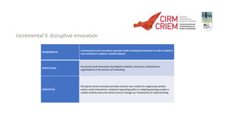 Incremental V. disruptive innovation
INCREMENTAL
Incremental social innovation operates within existing frameworks in order to deliver
new solutions to address ‘market failures’
STRUCTURAL
Structural social innovation reconfigures markets, structures, institutions or
organisations in the process of innovating
DISRUPTIVE
Disruptive social innovation provides entirely new models for organising markets
and/or social interactions. Instead of operating within or adapting existing models it
creates entirely new ones which come to change our frameworks of understanding.
 