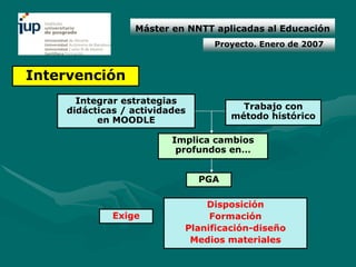 Máster en NNTT aplicadas al Educación
                                 Proyecto. Enero de 2007



Intervención
      Integrar estrategias
    didácticas / actividades           Trabajo con
          en MOODLE                  método histórico

                         Implica cambios
                          profundos en…


                               PGA

                               Disposición
             Exige              Formación
                           Planificación-diseño
                            Medios materiales
 