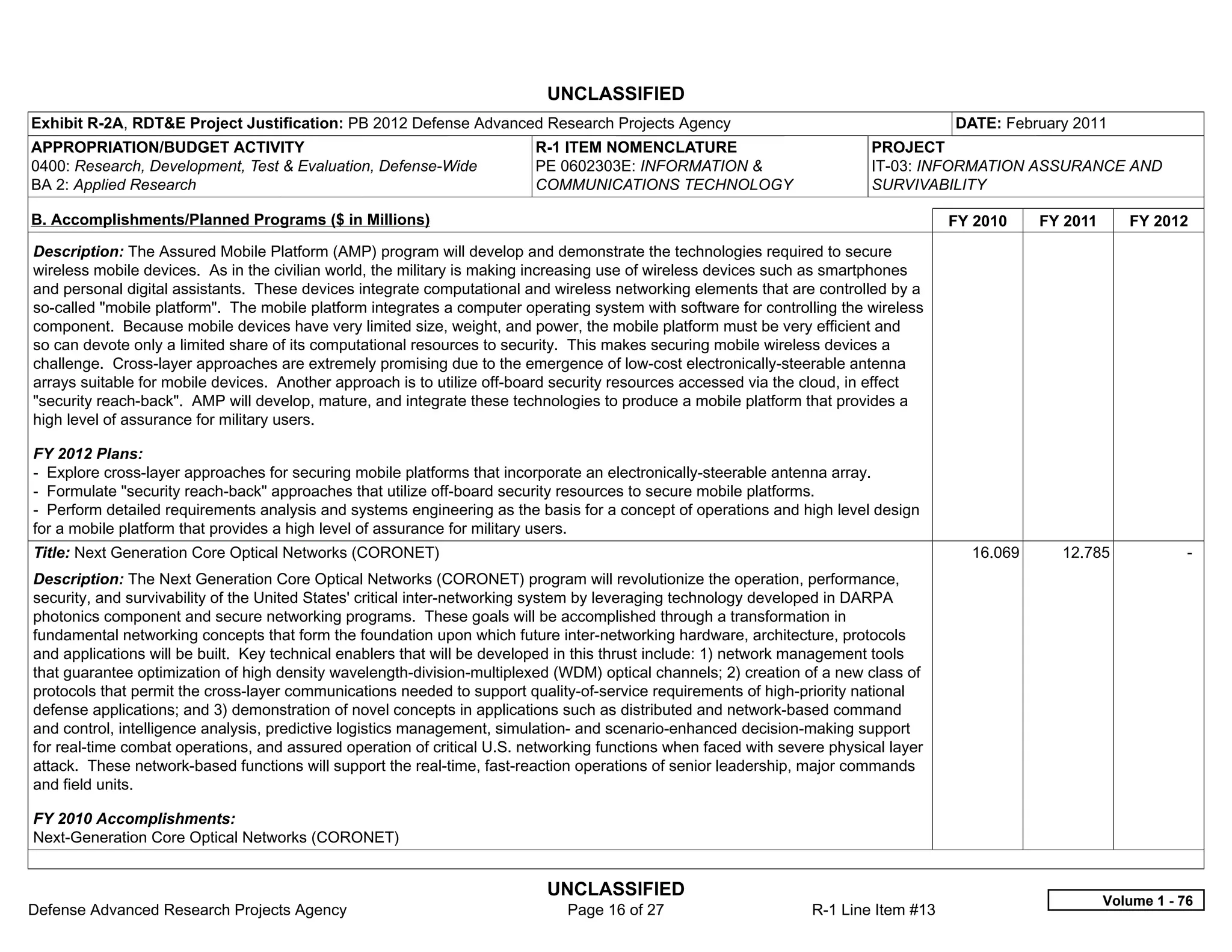 UNCLASSIFIED
Exhibit R-2A, RDT&E Project Justification: PB 2012 Defense Advanced Research Projects Agency                                         DATE: February 2011
APPROPRIATION/BUDGET ACTIVITY                                            R-1 ITEM NOMENCLATURE                            PROJECT
0400: Research, Development, Test & Evaluation, Defense-Wide             PE 0602303E: INFORMATION &                       IT-03: INFORMATION ASSURANCE AND
BA 2: Applied Research                                                   COMMUNICATIONS TECHNOLOGY                        SURVIVABILITY

B. Accomplishments/Planned Programs ($ in Millions)                                                                                  FY 2010    FY 2011      FY 2012
Description: The Assured Mobile Platform (AMP) program will develop and demonstrate the technologies required to secure
wireless mobile devices. As in the civilian world, the military is making increasing use of wireless devices such as smartphones
and personal digital assistants. These devices integrate computational and wireless networking elements that are controlled by a
so-called "mobile platform". The mobile platform integrates a computer operating system with software for controlling the wireless
component. Because mobile devices have very limited size, weight, and power, the mobile platform must be very efficient and
so can devote only a limited share of its computational resources to security. This makes securing mobile wireless devices a
challenge. Cross-layer approaches are extremely promising due to the emergence of low-cost electronically-steerable antenna
arrays suitable for mobile devices. Another approach is to utilize off-board security resources accessed via the cloud, in effect
"security reach-back". AMP will develop, mature, and integrate these technologies to produce a mobile platform that provides a
high level of assurance for military users.

FY 2012 Plans:
- Explore cross-layer approaches for securing mobile platforms that incorporate an electronically-steerable antenna array.
- Formulate "security reach-back" approaches that utilize off-board security resources to secure mobile platforms.
- Perform detailed requirements analysis and systems engineering as the basis for a concept of operations and high level design
for a mobile platform that provides a high level of assurance for military users.
Title: Next Generation Core Optical Networks (CORONET)                                                                                 16.069     12.785              -  
Description: The Next Generation Core Optical Networks (CORONET) program will revolutionize the operation, performance,
security, and survivability of the United States' critical inter-networking system by leveraging technology developed in DARPA
photonics component and secure networking programs. These goals will be accomplished through a transformation in
fundamental networking concepts that form the foundation upon which future inter-networking hardware, architecture, protocols
and applications will be built. Key technical enablers that will be developed in this thrust include: 1) network management tools
that guarantee optimization of high density wavelength-division-multiplexed (WDM) optical channels; 2) creation of a new class of
protocols that permit the cross-layer communications needed to support quality-of-service requirements of high-priority national
defense applications; and 3) demonstration of novel concepts in applications such as distributed and network-based command
and control, intelligence analysis, predictive logistics management, simulation- and scenario-enhanced decision-making support
for real-time combat operations, and assured operation of critical U.S. networking functions when faced with severe physical layer
attack. These network-based functions will support the real-time, fast-reaction operations of senior leadership, major commands
and field units.

FY 2010 Accomplishments:
Next-Generation Core Optical Networks (CORONET)


                                                                           UNCLASSIFIED
                                                                                                                                                          Volume 1 - 76
Defense Advanced Research Projects Agency                                     Page 16 of 27                      R-1 Line Item #13
 