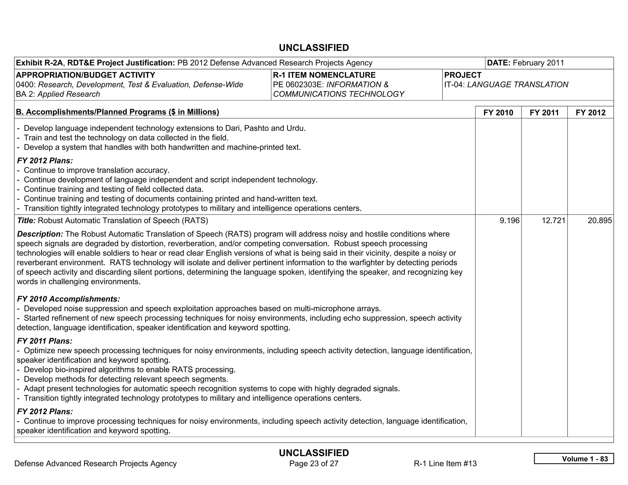 UNCLASSIFIED
Exhibit R-2A, RDT&E Project Justification: PB 2012 Defense Advanced Research Projects Agency                                             DATE: February 2011
APPROPRIATION/BUDGET ACTIVITY                                              R-1 ITEM NOMENCLATURE                              PROJECT
0400: Research, Development, Test & Evaluation, Defense-Wide               PE 0602303E: INFORMATION &                         IT-04: LANGUAGE TRANSLATION
BA 2: Applied Research                                                     COMMUNICATIONS TECHNOLOGY

B. Accomplishments/Planned Programs ($ in Millions)                                                                                      FY 2010    FY 2011      FY 2012
- Develop language independent technology extensions to Dari, Pashto and Urdu.
- Train and test the technology on data collected in the field.
- Develop a system that handles with both handwritten and machine-printed text.
FY 2012 Plans:
- Continue to improve translation accuracy.
- Continue development of language independent and script independent technology.
- Continue training and testing of field collected data.
- Continue training and testing of documents containing printed and hand-written text.
- Transition tightly integrated technology prototypes to military and intelligence operations centers.
Title: Robust Automatic Translation of Speech (RATS)                                                                                        9.196     12.721         20.895
Description: The Robust Automatic Translation of Speech (RATS) program will address noisy and hostile conditions where
speech signals are degraded by distortion, reverberation, and/or competing conversation. Robust speech processing
technologies will enable soldiers to hear or read clear English versions of what is being said in their vicinity, despite a noisy or
reverberant environment. RATS technology will isolate and deliver pertinent information to the warfighter by detecting periods
of speech activity and discarding silent portions, determining the language spoken, identifying the speaker, and recognizing key
words in challenging environments.

FY 2010 Accomplishments:
- Developed noise suppression and speech exploitation approaches based on multi-microphone arrays.
- Started refinement of new speech processing techniques for noisy environments, including echo suppression, speech activity
detection, language identification, speaker identification and keyword spotting.
FY 2011 Plans:
- Optimize new speech processing techniques for noisy environments, including speech activity detection, language identification,
speaker identification and keyword spotting.
- Develop bio-inspired algorithms to enable RATS processing.
- Develop methods for detecting relevant speech segments.
- Adapt present technologies for automatic speech recognition systems to cope with highly degraded signals.
- Transition tightly integrated technology prototypes to military and intelligence operations centers.
FY 2012 Plans:
- Continue to improve processing techniques for noisy environments, including speech activity detection, language identification,
speaker identification and keyword spotting.

                                                                             UNCLASSIFIED
                                                                                                                                                              Volume 1 - 83
Defense Advanced Research Projects Agency                                       Page 23 of 27                        R-1 Line Item #13
 