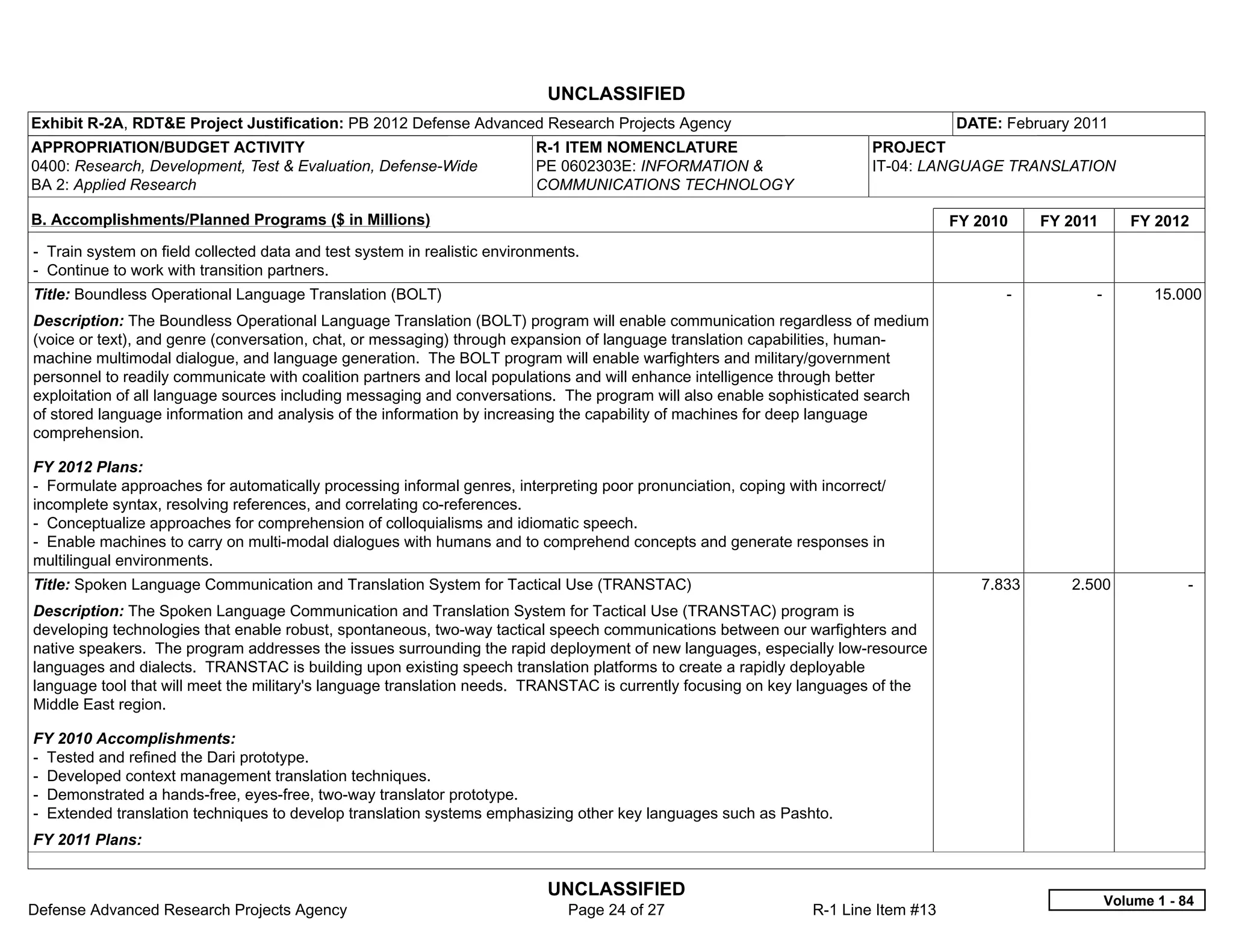 UNCLASSIFIED
Exhibit R-2A, RDT&E Project Justification: PB 2012 Defense Advanced Research Projects Agency                                         DATE: February 2011
APPROPRIATION/BUDGET ACTIVITY                                             R-1 ITEM NOMENCLATURE                           PROJECT
0400: Research, Development, Test & Evaluation, Defense-Wide              PE 0602303E: INFORMATION &                      IT-04: LANGUAGE TRANSLATION
BA 2: Applied Research                                                    COMMUNICATIONS TECHNOLOGY

B. Accomplishments/Planned Programs ($ in Millions)                                                                                  FY 2010     FY 2011      FY 2012
- Train system on field collected data and test system in realistic environments.
- Continue to work with transition partners.
Title: Boundless Operational Language Translation (BOLT)                                                                                   -           -          15.000
Description: The Boundless Operational Language Translation (BOLT) program will enable communication regardless of medium
(voice or text), and genre (conversation, chat, or messaging) through expansion of language translation capabilities, human-
machine multimodal dialogue, and language generation. The BOLT program will enable warfighters and military/government
personnel to readily communicate with coalition partners and local populations and will enhance intelligence through better
exploitation of all language sources including messaging and conversations. The program will also enable sophisticated search
of stored language information and analysis of the information by increasing the capability of machines for deep language
comprehension.

FY 2012 Plans:
- Formulate approaches for automatically processing informal genres, interpreting poor pronunciation, coping with incorrect/
incomplete syntax, resolving references, and correlating co-references.
- Conceptualize approaches for comprehension of colloquialisms and idiomatic speech.
- Enable machines to carry on multi-modal dialogues with humans and to comprehend concepts and generate responses in
multilingual environments.
Title: Spoken Language Communication and Translation System for Tactical Use (TRANSTAC)                                                 7.833       2.500              -  
Description: The Spoken Language Communication and Translation System for Tactical Use (TRANSTAC) program is
developing technologies that enable robust, spontaneous, two-way tactical speech communications between our warfighters and
native speakers. The program addresses the issues surrounding the rapid deployment of new languages, especially low-resource
languages and dialects. TRANSTAC is building upon existing speech translation platforms to create a rapidly deployable
language tool that will meet the military's language translation needs. TRANSTAC is currently focusing on key languages of the
Middle East region.

FY 2010 Accomplishments:
- Tested and refined the Dari prototype.
- Developed context management translation techniques.
- Demonstrated a hands-free, eyes-free, two-way translator prototype.
- Extended translation techniques to develop translation systems emphasizing other key languages such as Pashto.
FY 2011 Plans:


                                                                            UNCLASSIFIED
                                                                                                                                                           Volume 1 - 84
Defense Advanced Research Projects Agency                                      Page 24 of 27                     R-1 Line Item #13
 