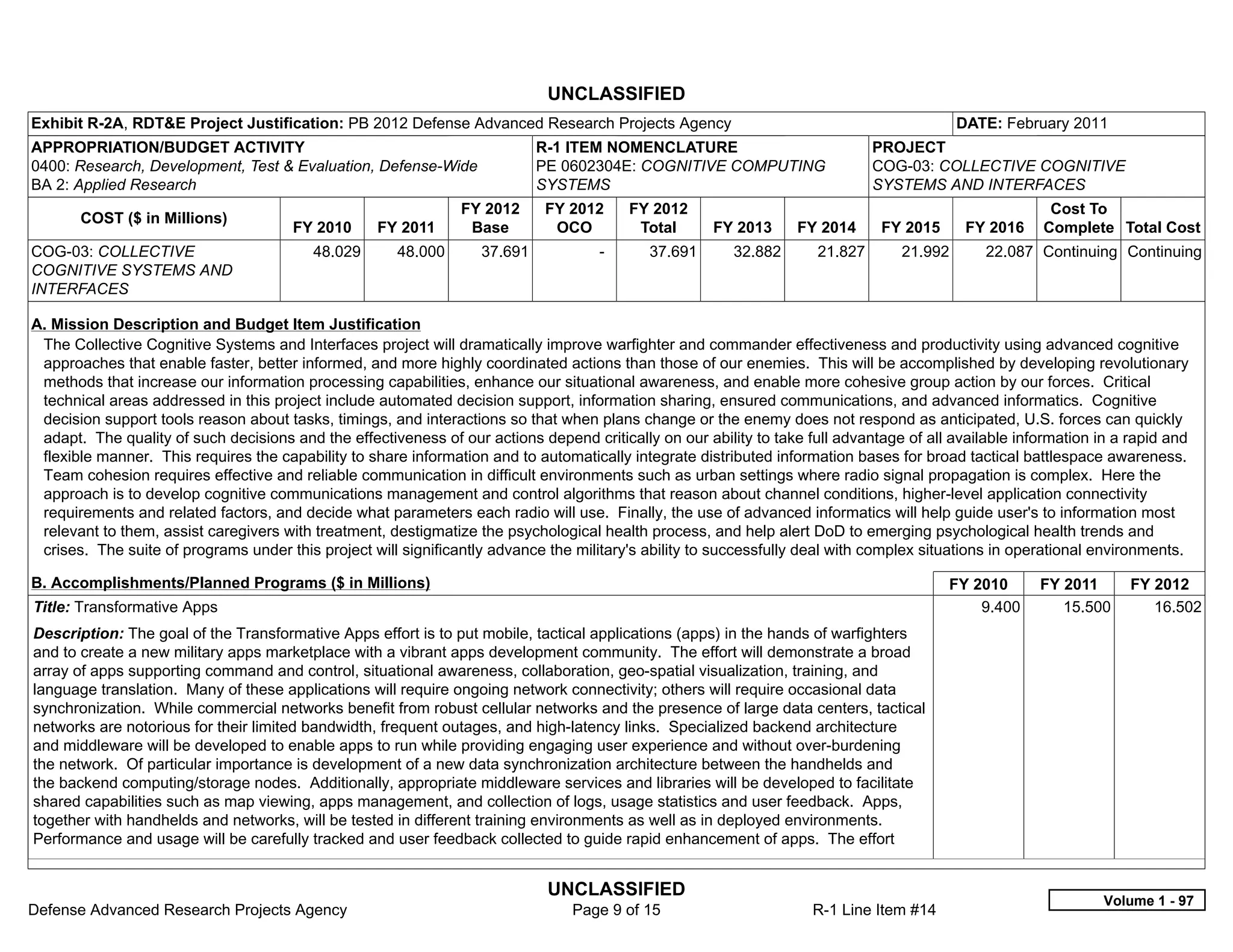 UNCLASSIFIED
Exhibit R-2A, RDT&E Project Justification: PB 2012 Defense Advanced Research Projects Agency                                               DATE: February 2011
APPROPRIATION/BUDGET ACTIVITY                                               R-1 ITEM NOMENCLATURE                              PROJECT
0400: Research, Development, Test & Evaluation, Defense-Wide                PE 0602304E: COGNITIVE COMPUTING                   COG-03: COLLECTIVE COGNITIVE
BA 2: Applied Research                                                      SYSTEMS                                            SYSTEMS AND INTERFACES
                                                                FY 2012      FY 2012       FY 2012                                                       Cost To
       COST ($ in Millions)
                                       FY 2010      FY 2011      Base         OCO           Total     FY 2013      FY 2014      FY 2015     FY 2016     Complete Total Cost
COG-03: COLLECTIVE                        48.029       48.000      37.691            -       37.691      32.882       21.827      21.992       22.087 Continuing Continuing
COGNITIVE SYSTEMS AND
INTERFACES

A. Mission Description and Budget Item Justification
 The Collective Cognitive Systems and Interfaces project will dramatically improve warfighter and commander effectiveness and productivity using advanced cognitive
 approaches that enable faster, better informed, and more highly coordinated actions than those of our enemies. This will be accomplished by developing revolutionary
 methods that increase our information processing capabilities, enhance our situational awareness, and enable more cohesive group action by our forces. Critical
 technical areas addressed in this project include automated decision support, information sharing, ensured communications, and advanced informatics. Cognitive
 decision support tools reason about tasks, timings, and interactions so that when plans change or the enemy does not respond as anticipated, U.S. forces can quickly
 adapt. The quality of such decisions and the effectiveness of our actions depend critically on our ability to take full advantage of all available information in a rapid and
 flexible manner. This requires the capability to share information and to automatically integrate distributed information bases for broad tactical battlespace awareness.
 Team cohesion requires effective and reliable communication in difficult environments such as urban settings where radio signal propagation is complex. Here the
 approach is to develop cognitive communications management and control algorithms that reason about channel conditions, higher-level application connectivity
 requirements and related factors, and decide what parameters each radio will use. Finally, the use of advanced informatics will help guide user's to information most
 relevant to them, assist caregivers with treatment, destigmatize the psychological health process, and help alert DoD to emerging psychological health trends and
 crises. The suite of programs under this project will significantly advance the military's ability to successfully deal with complex situations in operational environments.

B. Accomplishments/Planned Programs ($ in Millions)                                                                                       FY 2010      FY 2011       FY 2012
Title: Transformative Apps                                                                                                                    9.400       15.500        16.502
Description: The goal of the Transformative Apps effort is to put mobile, tactical applications (apps) in the hands of warfighters
and to create a new military apps marketplace with a vibrant apps development community. The effort will demonstrate a broad
array of apps supporting command and control, situational awareness, collaboration, geo-spatial visualization, training, and
language translation. Many of these applications will require ongoing network connectivity; others will require occasional data
synchronization. While commercial networks benefit from robust cellular networks and the presence of large data centers, tactical
networks are notorious for their limited bandwidth, frequent outages, and high-latency links. Specialized backend architecture
and middleware will be developed to enable apps to run while providing engaging user experience and without over-burdening
the network. Of particular importance is development of a new data synchronization architecture between the handhelds and
the backend computing/storage nodes. Additionally, appropriate middleware services and libraries will be developed to facilitate
shared capabilities such as map viewing, apps management, and collection of logs, usage statistics and user feedback. Apps,
together with handhelds and networks, will be tested in different training environments as well as in deployed environments.
Performance and usage will be carefully tracked and user feedback collected to guide rapid enhancement of apps. The effort


                                                                             UNCLASSIFIED
                                                                                                                                                                 Volume 1 - 97
Defense Advanced Research Projects Agency                                        Page 9 of 15                        R-1 Line Item #14
 