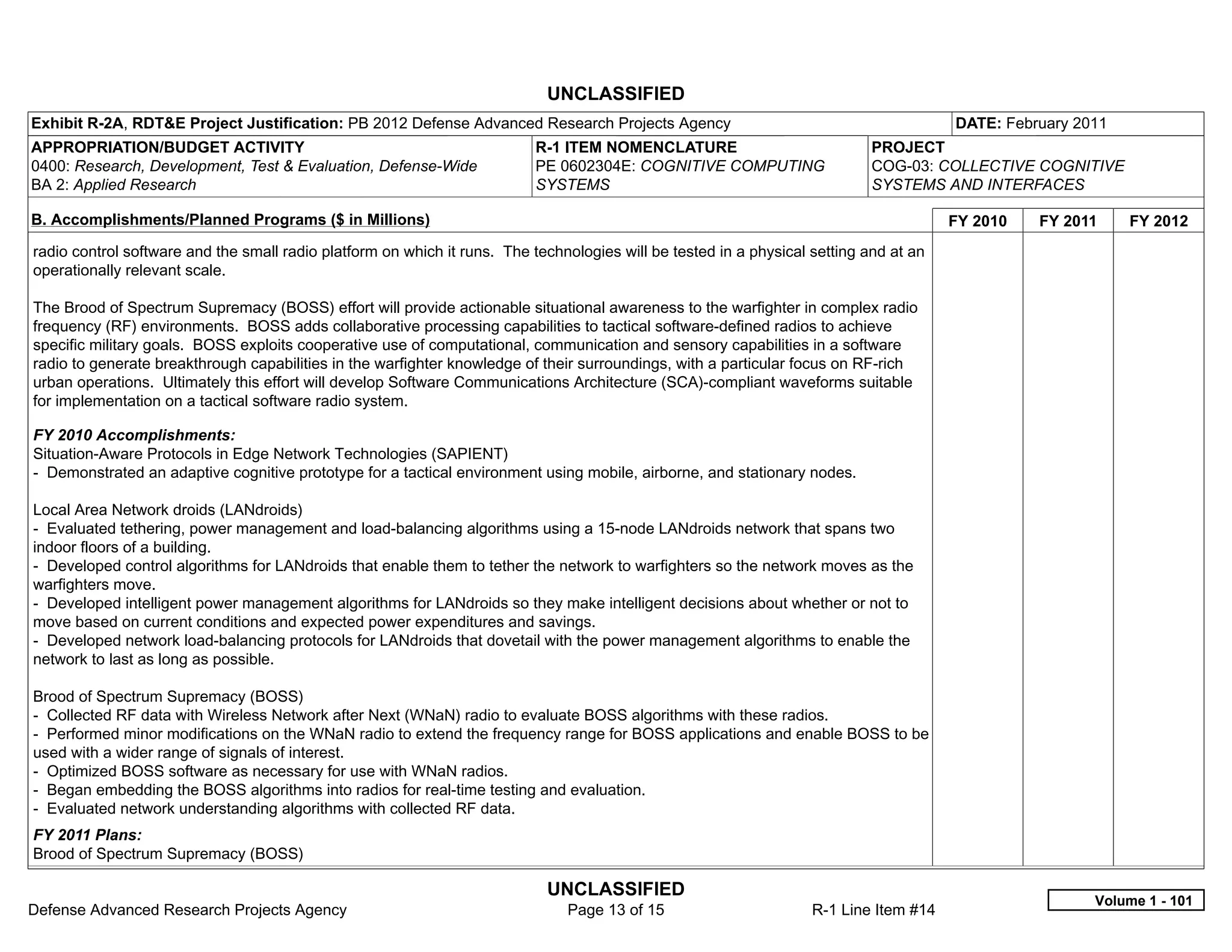UNCLASSIFIED
Exhibit R-2A, RDT&E Project Justification: PB 2012 Defense Advanced Research Projects Agency                                            DATE: February 2011
APPROPRIATION/BUDGET ACTIVITY                                             R-1 ITEM NOMENCLATURE                              PROJECT
0400: Research, Development, Test & Evaluation, Defense-Wide              PE 0602304E: COGNITIVE COMPUTING                   COG-03: COLLECTIVE COGNITIVE
BA 2: Applied Research                                                    SYSTEMS                                            SYSTEMS AND INTERFACES

B. Accomplishments/Planned Programs ($ in Millions)                                                                                     FY 2010   FY 2011     FY 2012
radio control software and the small radio platform on which it runs. The technologies will be tested in a physical setting and at an
operationally relevant scale.

The Brood of Spectrum Supremacy (BOSS) effort will provide actionable situational awareness to the warfighter in complex radio
frequency (RF) environments. BOSS adds collaborative processing capabilities to tactical software-defined radios to achieve
specific military goals. BOSS exploits cooperative use of computational, communication and sensory capabilities in a software
radio to generate breakthrough capabilities in the warfighter knowledge of their surroundings, with a particular focus on RF-rich
urban operations. Ultimately this effort will develop Software Communications Architecture (SCA)-compliant waveforms suitable
for implementation on a tactical software radio system.

FY 2010 Accomplishments:
Situation-Aware Protocols in Edge Network Technologies (SAPIENT)
- Demonstrated an adaptive cognitive prototype for a tactical environment using mobile, airborne, and stationary nodes.

Local Area Network droids (LANdroids)
- Evaluated tethering, power management and load-balancing algorithms using a 15-node LANdroids network that spans two
indoor floors of a building.
- Developed control algorithms for LANdroids that enable them to tether the network to warfighters so the network moves as the
warfighters move.
- Developed intelligent power management algorithms for LANdroids so they make intelligent decisions about whether or not to
move based on current conditions and expected power expenditures and savings.
- Developed network load-balancing protocols for LANdroids that dovetail with the power management algorithms to enable the
network to last as long as possible.

Brood of Spectrum Supremacy (BOSS)
- Collected RF data with Wireless Network after Next (WNaN) radio to evaluate BOSS algorithms with these radios.
- Performed minor modifications on the WNaN radio to extend the frequency range for BOSS applications and enable BOSS to be
used with a wider range of signals of interest.
- Optimized BOSS software as necessary for use with WNaN radios.
- Began embedding the BOSS algorithms into radios for real-time testing and evaluation.
- Evaluated network understanding algorithms with collected RF data.
FY 2011 Plans:
Brood of Spectrum Supremacy (BOSS)

                                                                            UNCLASSIFIED
                                                                                                                                                         Volume 1 - 101
Defense Advanced Research Projects Agency                                      Page 13 of 15                        R-1 Line Item #14
 