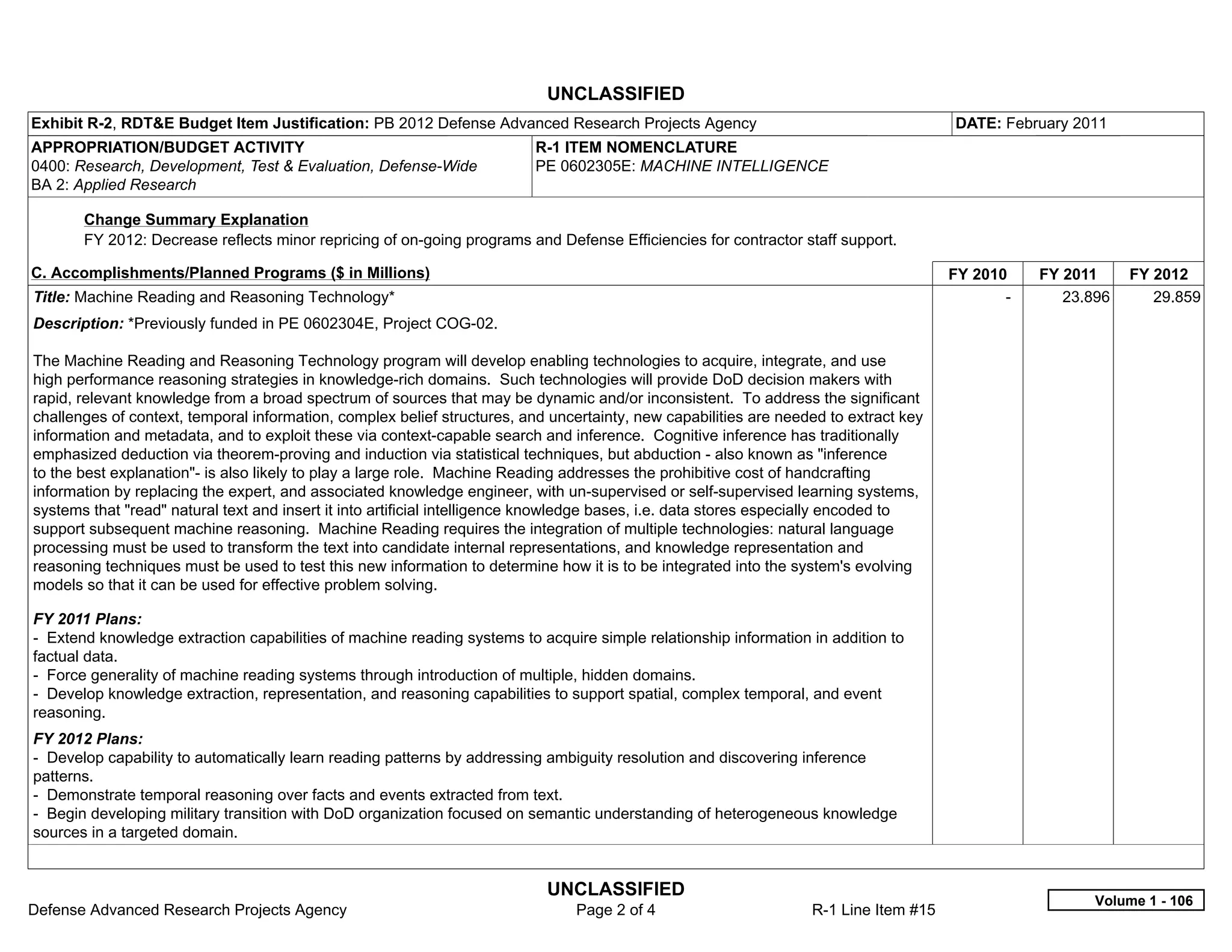 UNCLASSIFIED
Exhibit R-2, RDT&E Budget Item Justification: PB 2012 Defense Advanced Research Projects Agency                                       DATE: February 2011
APPROPRIATION/BUDGET ACTIVITY                                            R-1 ITEM NOMENCLATURE
0400: Research, Development, Test & Evaluation, Defense-Wide             PE 0602305E: MACHINE INTELLIGENCE
BA 2: Applied Research

       Change Summary Explanation
       FY 2012: Decrease reflects minor repricing of on-going programs and Defense Efficiencies for contractor staff support.

C. Accomplishments/Planned Programs ($ in Millions)                                                                                   FY 2010      FY 2011     FY 2012
Title: Machine Reading and Reasoning Technology*                                                                                             -        23.896      29.859
Description: *Previously funded in PE 0602304E, Project COG-02.

The Machine Reading and Reasoning Technology program will develop enabling technologies to acquire, integrate, and use
high performance reasoning strategies in knowledge-rich domains. Such technologies will provide DoD decision makers with
rapid, relevant knowledge from a broad spectrum of sources that may be dynamic and/or inconsistent. To address the significant
challenges of context, temporal information, complex belief structures, and uncertainty, new capabilities are needed to extract key
information and metadata, and to exploit these via context-capable search and inference. Cognitive inference has traditionally
emphasized deduction via theorem-proving and induction via statistical techniques, but abduction - also known as "inference
to the best explanation"- is also likely to play a large role. Machine Reading addresses the prohibitive cost of handcrafting
information by replacing the expert, and associated knowledge engineer, with un-supervised or self-supervised learning systems,
systems that "read" natural text and insert it into artificial intelligence knowledge bases, i.e. data stores especially encoded to
support subsequent machine reasoning. Machine Reading requires the integration of multiple technologies: natural language
processing must be used to transform the text into candidate internal representations, and knowledge representation and
reasoning techniques must be used to test this new information to determine how it is to be integrated into the system's evolving
models so that it can be used for effective problem solving.

FY 2011 Plans:
- Extend knowledge extraction capabilities of machine reading systems to acquire simple relationship information in addition to
factual data.
- Force generality of machine reading systems through introduction of multiple, hidden domains.
- Develop knowledge extraction, representation, and reasoning capabilities to support spatial, complex temporal, and event
reasoning.
FY 2012 Plans:
- Develop capability to automatically learn reading patterns by addressing ambiguity resolution and discovering inference
patterns.
- Demonstrate temporal reasoning over facts and events extracted from text.
- Begin developing military transition with DoD organization focused on semantic understanding of heterogeneous knowledge
sources in a targeted domain.


                                                                           UNCLASSIFIED
                                                                                                                                                          Volume 1 - 106
Defense Advanced Research Projects Agency                                      Page 2 of 4                        R-1 Line Item #15
 