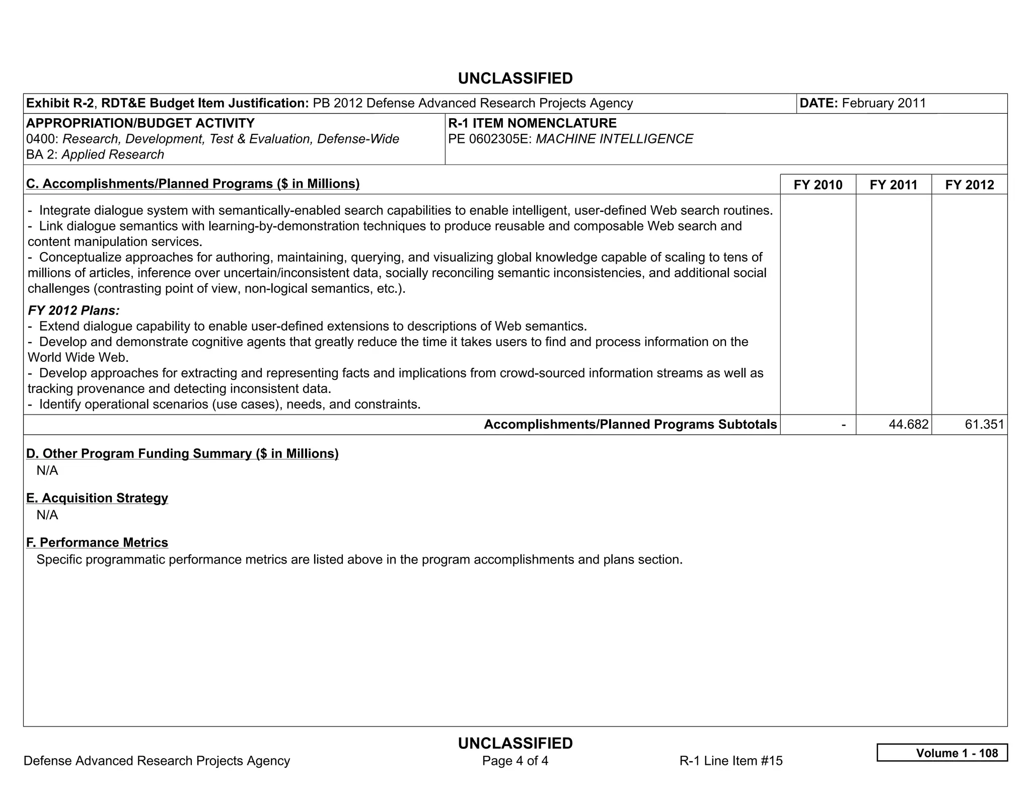 UNCLASSIFIED
Exhibit R-2, RDT&E Budget Item Justification: PB 2012 Defense Advanced Research Projects Agency                                          DATE: February 2011
APPROPRIATION/BUDGET ACTIVITY                                              R-1 ITEM NOMENCLATURE
0400: Research, Development, Test & Evaluation, Defense-Wide               PE 0602305E: MACHINE INTELLIGENCE
BA 2: Applied Research

C. Accomplishments/Planned Programs ($ in Millions)                                                                                      FY 2010     FY 2011    FY 2012
- Integrate dialogue system with semantically-enabled search capabilities to enable intelligent, user-defined Web search routines.
- Link dialogue semantics with learning-by-demonstration techniques to produce reusable and composable Web search and
content manipulation services.
- Conceptualize approaches for authoring, maintaining, querying, and visualizing global knowledge capable of scaling to tens of
millions of articles, inference over uncertain/inconsistent data, socially reconciling semantic inconsistencies, and additional social
challenges (contrasting point of view, non-logical semantics, etc.).
FY 2012 Plans:
- Extend dialogue capability to enable user-defined extensions to descriptions of Web semantics.
- Develop and demonstrate cognitive agents that greatly reduce the time it takes users to find and process information on the
World Wide Web.
- Develop approaches for extracting and representing facts and implications from crowd-sourced information streams as well as
tracking provenance and detecting inconsistent data.
- Identify operational scenarios (use cases), needs, and constraints.
                                                                                  Accomplishments/Planned Programs Subtotals                   -       44.682      61.351

D. Other Program Funding Summary ($ in Millions)
 N/A

E. Acquisition Strategy
 N/A

F. Performance Metrics
  Specific programmatic performance metrics are listed above in the program accomplishments and plans section.




                                                                             UNCLASSIFIED
                                                                                                                                                           Volume 1 - 108
Defense Advanced Research Projects Agency                                        Page 4 of 4                         R-1 Line Item #15
 
