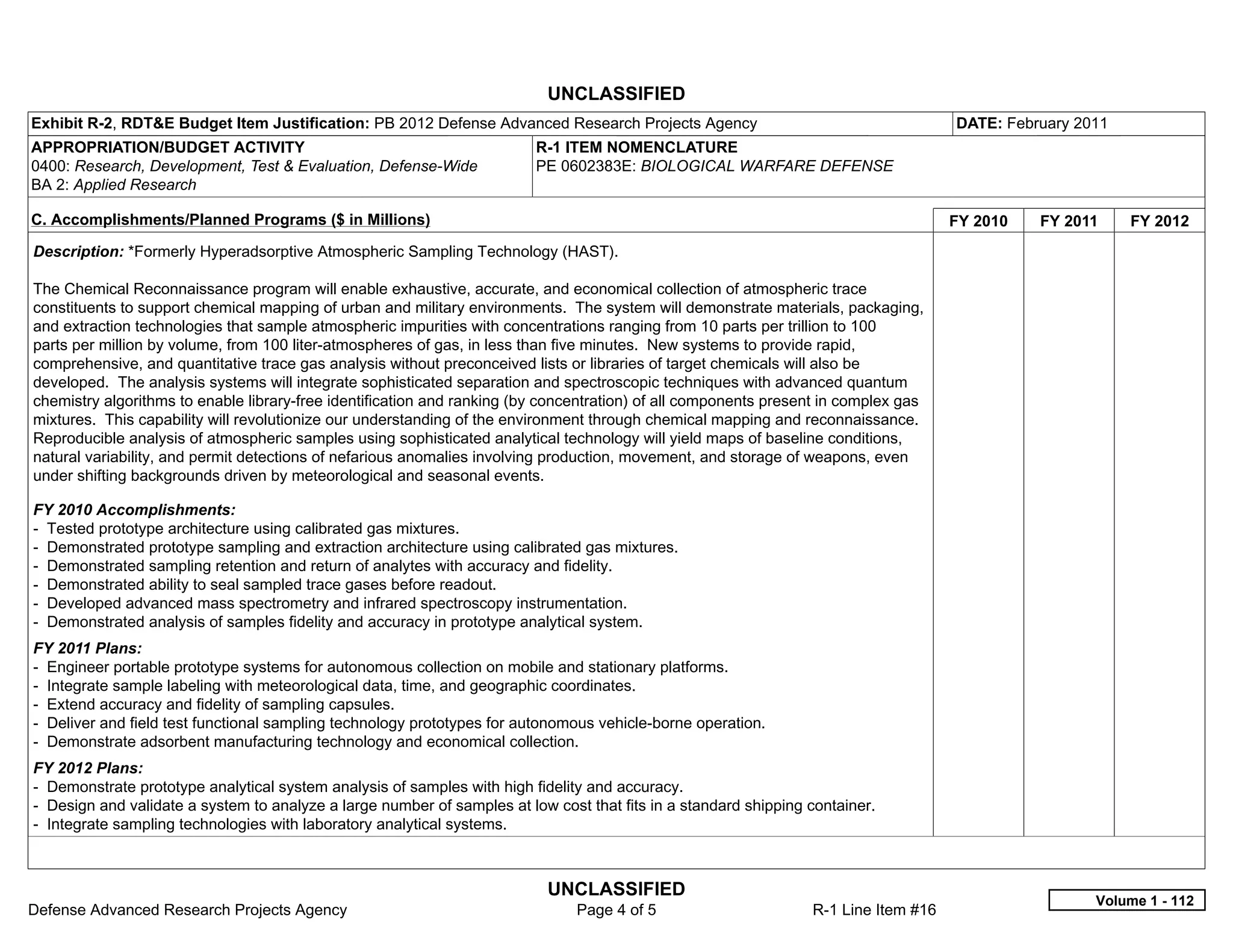 UNCLASSIFIED
Exhibit R-2, RDT&E Budget Item Justification: PB 2012 Defense Advanced Research Projects Agency                                      DATE: February 2011
APPROPRIATION/BUDGET ACTIVITY                                            R-1 ITEM NOMENCLATURE
0400: Research, Development, Test & Evaluation, Defense-Wide             PE 0602383E: BIOLOGICAL WARFARE DEFENSE
BA 2: Applied Research

C. Accomplishments/Planned Programs ($ in Millions)                                                                                  FY 2010   FY 2011     FY 2012
Description: *Formerly Hyperadsorptive Atmospheric Sampling Technology (HAST).

The Chemical Reconnaissance program will enable exhaustive, accurate, and economical collection of atmospheric trace
constituents to support chemical mapping of urban and military environments. The system will demonstrate materials, packaging,
and extraction technologies that sample atmospheric impurities with concentrations ranging from 10 parts per trillion to 100
parts per million by volume, from 100 liter-atmospheres of gas, in less than five minutes. New systems to provide rapid,
comprehensive, and quantitative trace gas analysis without preconceived lists or libraries of target chemicals will also be
developed. The analysis systems will integrate sophisticated separation and spectroscopic techniques with advanced quantum
chemistry algorithms to enable library-free identification and ranking (by concentration) of all components present in complex gas
mixtures. This capability will revolutionize our understanding of the environment through chemical mapping and reconnaissance.
Reproducible analysis of atmospheric samples using sophisticated analytical technology will yield maps of baseline conditions,
natural variability, and permit detections of nefarious anomalies involving production, movement, and storage of weapons, even
under shifting backgrounds driven by meteorological and seasonal events.

FY 2010 Accomplishments:
- Tested prototype architecture using calibrated gas mixtures.
- Demonstrated prototype sampling and extraction architecture using calibrated gas mixtures.
- Demonstrated sampling retention and return of analytes with accuracy and fidelity.
- Demonstrated ability to seal sampled trace gases before readout.
- Developed advanced mass spectrometry and infrared spectroscopy instrumentation.
- Demonstrated analysis of samples fidelity and accuracy in prototype analytical system.
FY 2011 Plans:
- Engineer portable prototype systems for autonomous collection on mobile and stationary platforms.
- Integrate sample labeling with meteorological data, time, and geographic coordinates.
- Extend accuracy and fidelity of sampling capsules.
- Deliver and field test functional sampling technology prototypes for autonomous vehicle-borne operation.
- Demonstrate adsorbent manufacturing technology and economical collection.
FY 2012 Plans:
- Demonstrate prototype analytical system analysis of samples with high fidelity and accuracy.
- Design and validate a system to analyze a large number of samples at low cost that fits in a standard shipping container.
- Integrate sampling technologies with laboratory analytical systems.



                                                                           UNCLASSIFIED
                                                                                                                                                      Volume 1 - 112
Defense Advanced Research Projects Agency                                      Page 4 of 5                       R-1 Line Item #16
 