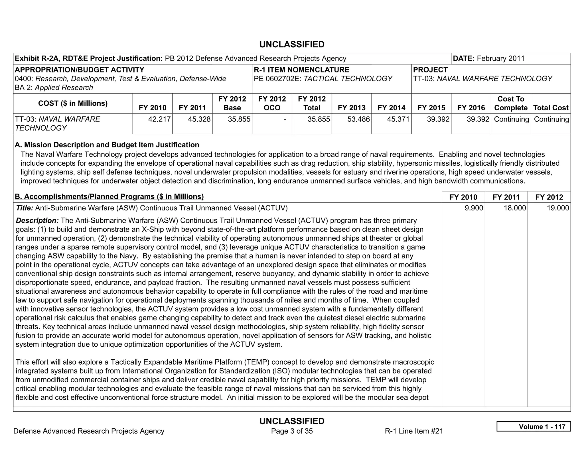 UNCLASSIFIED
Exhibit R-2A, RDT&E Project Justification: PB 2012 Defense Advanced Research Projects Agency                                               DATE: February 2011
APPROPRIATION/BUDGET ACTIVITY                                               R-1 ITEM NOMENCLATURE                              PROJECT
0400: Research, Development, Test & Evaluation, Defense-Wide                PE 0602702E: TACTICAL TECHNOLOGY                   TT-03: NAVAL WARFARE TECHNOLOGY
BA 2: Applied Research
                                                                FY 2012      FY 2012       FY 2012                                                       Cost To
       COST ($ in Millions)
                                       FY 2010      FY 2011      Base         OCO           Total     FY 2013      FY 2014     FY 2015      FY 2016     Complete Total Cost
TT-03: NAVAL WARFARE                      42.217       45.328      35.855            -       35.855      53.486       45.371      39.392       39.392 Continuing Continuing
TECHNOLOGY

A. Mission Description and Budget Item Justification
 The Naval Warfare Technology project develops advanced technologies for application to a broad range of naval requirements. Enabling and novel technologies
 include concepts for expanding the envelope of operational naval capabilities such as drag reduction, ship stability, hypersonic missiles, logistically friendly distributed
 lighting systems, ship self defense techniques, novel underwater propulsion modalities, vessels for estuary and riverine operations, high speed underwater vessels,
 improved techniques for underwater object detection and discrimination, long endurance unmanned surface vehicles, and high bandwidth communications.

B. Accomplishments/Planned Programs ($ in Millions)                                                                                       FY 2010      FY 2011       FY 2012
Title: Anti-Submarine Warfare (ASW) Continuous Trail Unmanned Vessel (ACTUV)                                                                  9.900       18.000        19.000
Description: The Anti-Submarine Warfare (ASW) Continuous Trail Unmanned Vessel (ACTUV) program has three primary
goals: (1) to build and demonstrate an X-Ship with beyond state-of-the-art platform performance based on clean sheet design
for unmanned operation, (2) demonstrate the technical viability of operating autonomous unmanned ships at theater or global
ranges under a sparse remote supervisory control model, and (3) leverage unique ACTUV characteristics to transition a game
changing ASW capability to the Navy. By establishing the premise that a human is never intended to step on board at any
point in the operational cycle, ACTUV concepts can take advantage of an unexplored design space that eliminates or modifies
conventional ship design constraints such as internal arrangement, reserve buoyancy, and dynamic stability in order to achieve
disproportionate speed, endurance, and payload fraction. The resulting unmanned naval vessels must possess sufficient
situational awareness and autonomous behavior capability to operate in full compliance with the rules of the road and maritime
law to support safe navigation for operational deployments spanning thousands of miles and months of time. When coupled
with innovative sensor technologies, the ACTUV system provides a low cost unmanned system with a fundamentally different
operational risk calculus that enables game changing capability to detect and track even the quietest diesel electric submarine
threats. Key technical areas include unmanned naval vessel design methodologies, ship system reliability, high fidelity sensor
fusion to provide an accurate world model for autonomous operation, novel application of sensors for ASW tracking, and holistic
system integration due to unique optimization opportunities of the ACTUV system.

This effort will also explore a Tactically Expandable Maritime Platform (TEMP) concept to develop and demonstrate macroscopic
integrated systems built up from International Organization for Standardization (ISO) modular technologies that can be operated
from unmodified commercial container ships and deliver credible naval capability for high priority missions. TEMP will develop
critical enabling modular technologies and evaluate the feasible range of naval missions that can be serviced from this highly
flexible and cost effective unconventional force structure model. An initial mission to be explored will be the modular sea depot


                                                                             UNCLASSIFIED
                                                                                                                                                                Volume 1 - 117
Defense Advanced Research Projects Agency                                        Page 3 of 35                        R-1 Line Item #21
 