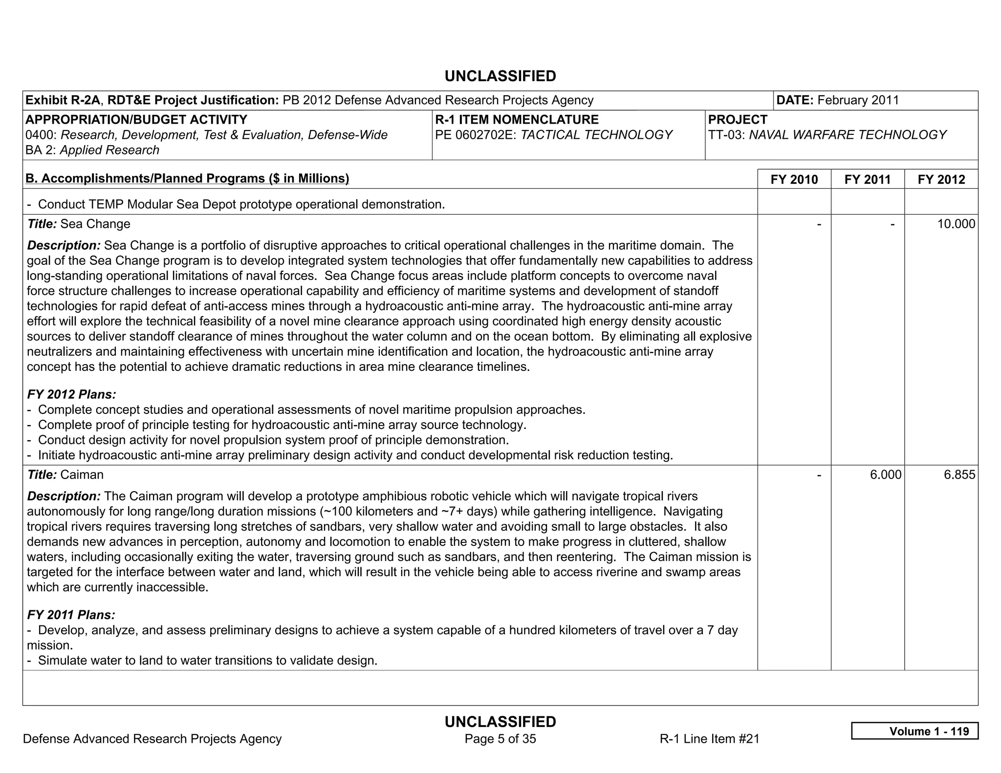 UNCLASSIFIED
Exhibit R-2A, RDT&E Project Justification: PB 2012 Defense Advanced Research Projects Agency                                           DATE: February 2011
APPROPRIATION/BUDGET ACTIVITY                                             R-1 ITEM NOMENCLATURE                            PROJECT
0400: Research, Development, Test & Evaluation, Defense-Wide              PE 0602702E: TACTICAL TECHNOLOGY                 TT-03: NAVAL WARFARE TECHNOLOGY
BA 2: Applied Research

B. Accomplishments/Planned Programs ($ in Millions)                                                                                    FY 2010     FY 2011     FY 2012
- Conduct TEMP Modular Sea Depot prototype operational demonstration.
Title: Sea Change                                                                                                                            -           -       10.000
Description: Sea Change is a portfolio of disruptive approaches to critical operational challenges in the maritime domain. The
goal of the Sea Change program is to develop integrated system technologies that offer fundamentally new capabilities to address
long-standing operational limitations of naval forces. Sea Change focus areas include platform concepts to overcome naval
force structure challenges to increase operational capability and efficiency of maritime systems and development of standoff
technologies for rapid defeat of anti-access mines through a hydroacoustic anti-mine array. The hydroacoustic anti-mine array
effort will explore the technical feasibility of a novel mine clearance approach using coordinated high energy density acoustic
sources to deliver standoff clearance of mines throughout the water column and on the ocean bottom. By eliminating all explosive
neutralizers and maintaining effectiveness with uncertain mine identification and location, the hydroacoustic anti-mine array
concept has the potential to achieve dramatic reductions in area mine clearance timelines.

FY 2012 Plans:
- Complete concept studies and operational assessments of novel maritime propulsion approaches.
- Complete proof of principle testing for hydroacoustic anti-mine array source technology.
- Conduct design activity for novel propulsion system proof of principle demonstration.
- Initiate hydroacoustic anti-mine array preliminary design activity and conduct developmental risk reduction testing.
Title: Caiman                                                                                                                                -        6.000       6.855
Description: The Caiman program will develop a prototype amphibious robotic vehicle which will navigate tropical rivers
autonomously for long range/long duration missions (~100 kilometers and ~7+ days) while gathering intelligence. Navigating
tropical rivers requires traversing long stretches of sandbars, very shallow water and avoiding small to large obstacles. It also
demands new advances in perception, autonomy and locomotion to enable the system to make progress in cluttered, shallow
waters, including occasionally exiting the water, traversing ground such as sandbars, and then reentering. The Caiman mission is
targeted for the interface between water and land, which will result in the vehicle being able to access riverine and swamp areas
which are currently inaccessible.

FY 2011 Plans:
- Develop, analyze, and assess preliminary designs to achieve a system capable of a hundred kilometers of travel over a 7 day
mission.
- Simulate water to land to water transitions to validate design.



                                                                            UNCLASSIFIED
                                                                                                                                                         Volume 1 - 119
Defense Advanced Research Projects Agency                                      Page 5 of 35                        R-1 Line Item #21
 