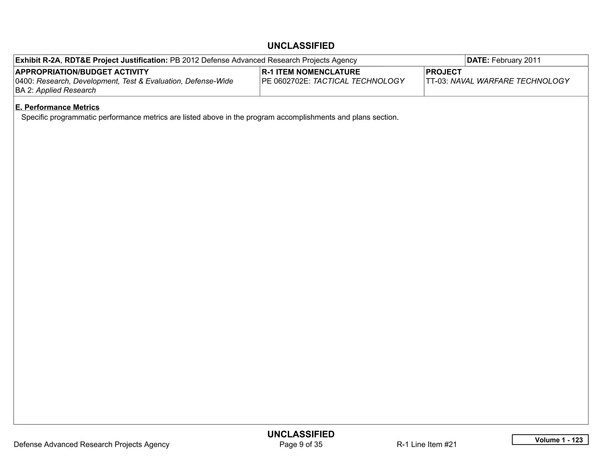UNCLASSIFIED
Exhibit R-2A, RDT&E Project Justification: PB 2012 Defense Advanced Research Projects Agency                                    DATE: February 2011
APPROPRIATION/BUDGET ACTIVITY                                         R-1 ITEM NOMENCLATURE                         PROJECT
0400: Research, Development, Test & Evaluation, Defense-Wide          PE 0602702E: TACTICAL TECHNOLOGY              TT-03: NAVAL WARFARE TECHNOLOGY
BA 2: Applied Research

E. Performance Metrics
 Specific programmatic performance metrics are listed above in the program accomplishments and plans section.




                                                                       UNCLASSIFIED
                                                                                                                                                 Volume 1 - 123
Defense Advanced Research Projects Agency                                  Page 9 of 35                     R-1 Line Item #21
 