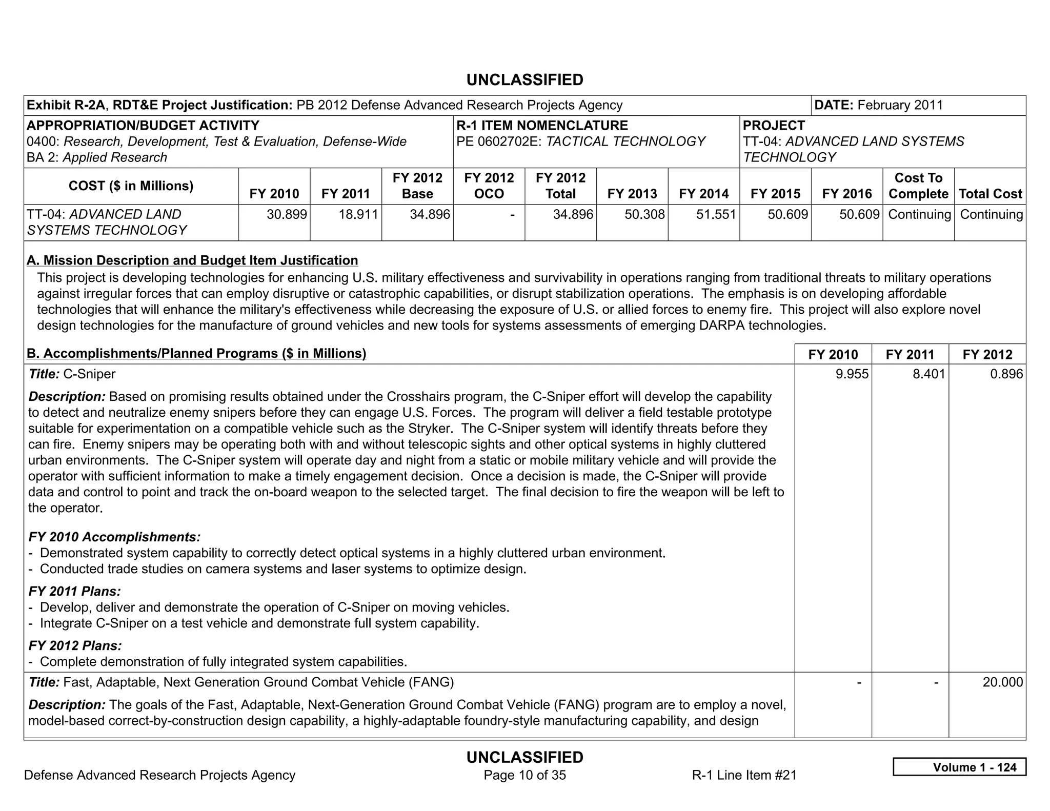 UNCLASSIFIED
Exhibit R-2A, RDT&E Project Justification: PB 2012 Defense Advanced Research Projects Agency                                               DATE: February 2011
APPROPRIATION/BUDGET ACTIVITY                                                R-1 ITEM NOMENCLATURE                            PROJECT
0400: Research, Development, Test & Evaluation, Defense-Wide                 PE 0602702E: TACTICAL TECHNOLOGY                 TT-04: ADVANCED LAND SYSTEMS
BA 2: Applied Research                                                                                                        TECHNOLOGY
                                                                FY 2012       FY 2012      FY 2012                                                       Cost To
       COST ($ in Millions)
                                       FY 2010     FY 2011       Base          OCO          Total     FY 2013     FY 2014      FY 2015      FY 2016     Complete Total Cost
TT-04: ADVANCED LAND                      30.899      18.911        34.896           -       34.896      50.308      51.551       50.609       50.609 Continuing Continuing
SYSTEMS TECHNOLOGY

A. Mission Description and Budget Item Justification
 This project is developing technologies for enhancing U.S. military effectiveness and survivability in operations ranging from traditional threats to military operations
 against irregular forces that can employ disruptive or catastrophic capabilities, or disrupt stabilization operations. The emphasis is on developing affordable
 technologies that will enhance the military's effectiveness while decreasing the exposure of U.S. or allied forces to enemy fire. This project will also explore novel
 design technologies for the manufacture of ground vehicles and new tools for systems assessments of emerging DARPA technologies.

B. Accomplishments/Planned Programs ($ in Millions)                                                                                      FY 2010        FY 2011      FY 2012
Title: C-Sniper                                                                                                                              9.955          8.401        0.896
Description: Based on promising results obtained under the Crosshairs program, the C-Sniper effort will develop the capability
to detect and neutralize enemy snipers before they can engage U.S. Forces. The program will deliver a field testable prototype
suitable for experimentation on a compatible vehicle such as the Stryker. The C-Sniper system will identify threats before they
can fire. Enemy snipers may be operating both with and without telescopic sights and other optical systems in highly cluttered
urban environments. The C-Sniper system will operate day and night from a static or mobile military vehicle and will provide the
operator with sufficient information to make a timely engagement decision. Once a decision is made, the C-Sniper will provide
data and control to point and track the on-board weapon to the selected target. The final decision to fire the weapon will be left to
the operator.

FY 2010 Accomplishments:
- Demonstrated system capability to correctly detect optical systems in a highly cluttered urban environment.
- Conducted trade studies on camera systems and laser systems to optimize design.
FY 2011 Plans:
- Develop, deliver and demonstrate the operation of C-Sniper on moving vehicles.
- Integrate C-Sniper on a test vehicle and demonstrate full system capability.
FY 2012 Plans:
- Complete demonstration of fully integrated system capabilities.
Title: Fast, Adaptable, Next Generation Ground Combat Vehicle (FANG)                                                                              -            -        20.000
Description: The goals of the Fast, Adaptable, Next-Generation Ground Combat Vehicle (FANG) program are to employ a novel,
model-based correct-by-construction design capability, a highly-adaptable foundry-style manufacturing capability, and design

                                                                              UNCLASSIFIED
                                                                                                                                                               Volume 1 - 124
Defense Advanced Research Projects Agency                                       Page 10 of 35                        R-1 Line Item #21
 