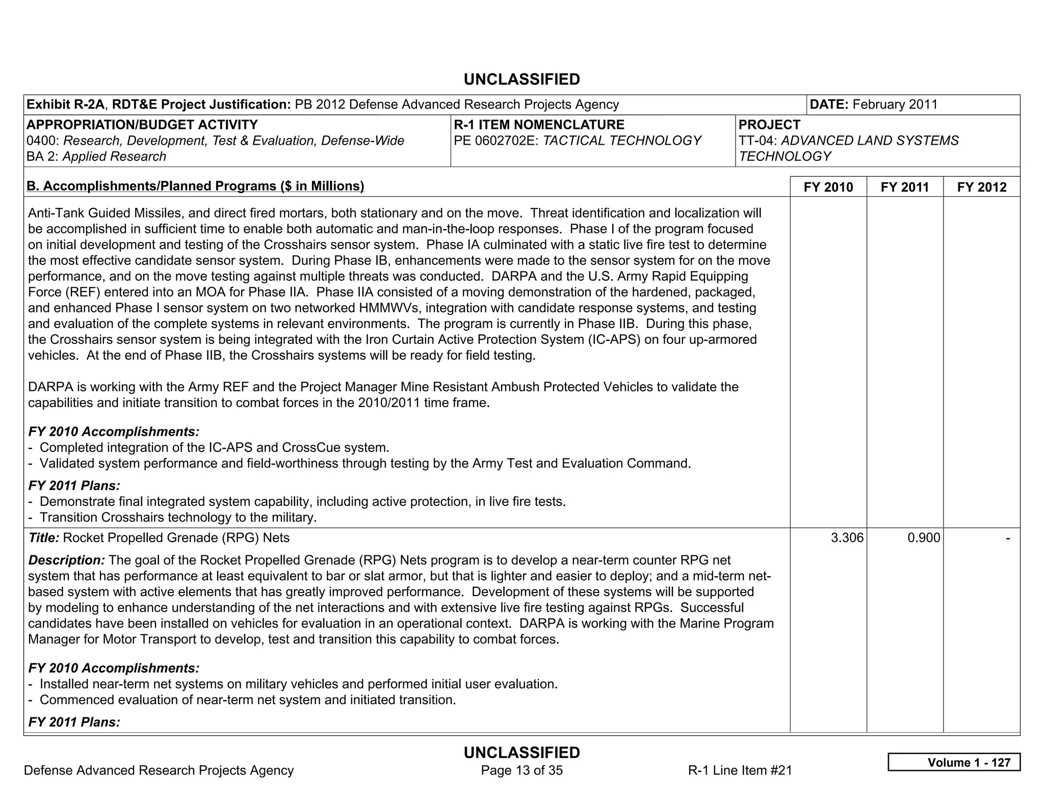 UNCLASSIFIED
Exhibit R-2A, RDT&E Project Justification: PB 2012 Defense Advanced Research Projects Agency                                           DATE: February 2011
APPROPRIATION/BUDGET ACTIVITY                                                R-1 ITEM NOMENCLATURE                          PROJECT
0400: Research, Development, Test & Evaluation, Defense-Wide                 PE 0602702E: TACTICAL TECHNOLOGY               TT-04: ADVANCED LAND SYSTEMS
BA 2: Applied Research                                                                                                      TECHNOLOGY

B. Accomplishments/Planned Programs ($ in Millions)                                                                                    FY 2010    FY 2011    FY 2012
Anti-Tank Guided Missiles, and direct fired mortars, both stationary and on the move. Threat identification and localization will
be accomplished in sufficient time to enable both automatic and man-in-the-loop responses. Phase I of the program focused
on initial development and testing of the Crosshairs sensor system. Phase IA culminated with a static live fire test to determine
the most effective candidate sensor system. During Phase IB, enhancements were made to the sensor system for on the move
performance, and on the move testing against multiple threats was conducted. DARPA and the U.S. Army Rapid Equipping
Force (REF) entered into an MOA for Phase IIA. Phase IIA consisted of a moving demonstration of the hardened, packaged,
and enhanced Phase I sensor system on two networked HMMWVs, integration with candidate response systems, and testing
and evaluation of the complete systems in relevant environments. The program is currently in Phase IIB. During this phase,
the Crosshairs sensor system is being integrated with the Iron Curtain Active Protection System (IC-APS) on four up-armored
vehicles. At the end of Phase IIB, the Crosshairs systems will be ready for field testing.

DARPA is working with the Army REF and the Project Manager Mine Resistant Ambush Protected Vehicles to validate the
capabilities and initiate transition to combat forces in the 2010/2011 time frame.

FY 2010 Accomplishments:
- Completed integration of the IC-APS and CrossCue system.
- Validated system performance and field-worthiness through testing by the Army Test and Evaluation Command.
FY 2011 Plans:
- Demonstrate final integrated system capability, including active protection, in live fire tests.
- Transition Crosshairs technology to the military.
Title: Rocket Propelled Grenade (RPG) Nets                                                                                                3.306      0.900           -  
Description: The goal of the Rocket Propelled Grenade (RPG) Nets program is to develop a near-term counter RPG net
system that has performance at least equivalent to bar or slat armor, but that is lighter and easier to deploy; and a mid-term net-
based system with active elements that has greatly improved performance. Development of these systems will be supported
by modeling to enhance understanding of the net interactions and with extensive live fire testing against RPGs. Successful
candidates have been installed on vehicles for evaluation in an operational context. DARPA is working with the Marine Program
Manager for Motor Transport to develop, test and transition this capability to combat forces.

FY 2010 Accomplishments:
- Installed near-term net systems on military vehicles and performed initial user evaluation.
- Commenced evaluation of near-term net system and initiated transition.
FY 2011 Plans:

                                                                               UNCLASSIFIED
                                                                                                                                                        Volume 1 - 127
Defense Advanced Research Projects Agency                                         Page 13 of 35                    R-1 Line Item #21
 