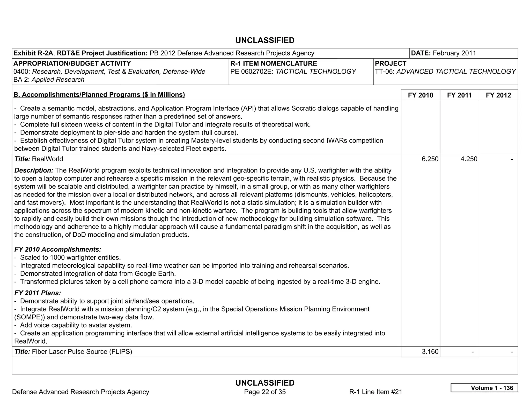 UNCLASSIFIED
Exhibit R-2A, RDT&E Project Justification: PB 2012 Defense Advanced Research Projects Agency                                              DATE: February 2011
APPROPRIATION/BUDGET ACTIVITY                                               R-1 ITEM NOMENCLATURE                              PROJECT
0400: Research, Development, Test & Evaluation, Defense-Wide                PE 0602702E: TACTICAL TECHNOLOGY                   TT-06: ADVANCED TACTICAL TECHNOLOGY
BA 2: Applied Research

B. Accomplishments/Planned Programs ($ in Millions)                                                                                       FY 2010    FY 2011     FY 2012
- Create a semantic model, abstractions, and Application Program Interface (API) that allows Socratic dialogs capable of handling
large number of semantic responses rather than a predefined set of answers.
- Complete full sixteen weeks of content in the Digital Tutor and integrate results of theoretical work.
- Demonstrate deployment to pier-side and harden the system (full course).
- Establish effectiveness of Digital Tutor system in creating Mastery-level students by conducting second IWARs competition
between Digital Tutor trained students and Navy-selected Fleet experts.
Title: RealWorld                                                                                                                             6.250      4.250           -  
Description: The RealWorld program exploits technical innovation and integration to provide any U.S. warfighter with the ability
to open a laptop computer and rehearse a specific mission in the relevant geo-specific terrain, with realistic physics. Because the
system will be scalable and distributed, a warfighter can practice by himself, in a small group, or with as many other warfighters
as needed for the mission over a local or distributed network, and across all relevant platforms (dismounts, vehicles, helicopters,
and fast movers). Most important is the understanding that RealWorld is not a static simulation; it is a simulation builder with
applications across the spectrum of modern kinetic and non-kinetic warfare. The program is building tools that allow warfighters
to rapidly and easily build their own missions though the introduction of new methodology for building simulation software. This
methodology and adherence to a highly modular approach will cause a fundamental paradigm shift in the acquisition, as well as
the construction, of DoD modeling and simulation products.

FY 2010 Accomplishments:
- Scaled to 1000 warfighter entities.
- Integrated meteorological capability so real-time weather can be imported into training and rehearsal scenarios.
- Demonstrated integration of data from Google Earth.
- Transformed pictures taken by a cell phone camera into a 3-D model capable of being ingested by a real-time 3-D engine.
FY 2011 Plans:
- Demonstrate ability to support joint air/land/sea operations.
- Integrate RealWorld with a mission planning/C2 system (e.g., in the Special Operations Mission Planning Environment
(SOMPE)) and demonstrate two-way data flow.
- Add voice capability to avatar system.
- Create an application programming interface that will allow external artificial intelligence systems to be easily integrated into
RealWorld.
Title: Fiber Laser Pulse Source (FLIPS)                                                                                                      3.160         -            -  



                                                                              UNCLASSIFIED
                                                                                                                                                           Volume 1 - 136
Defense Advanced Research Projects Agency                                        Page 22 of 35                        R-1 Line Item #21
 