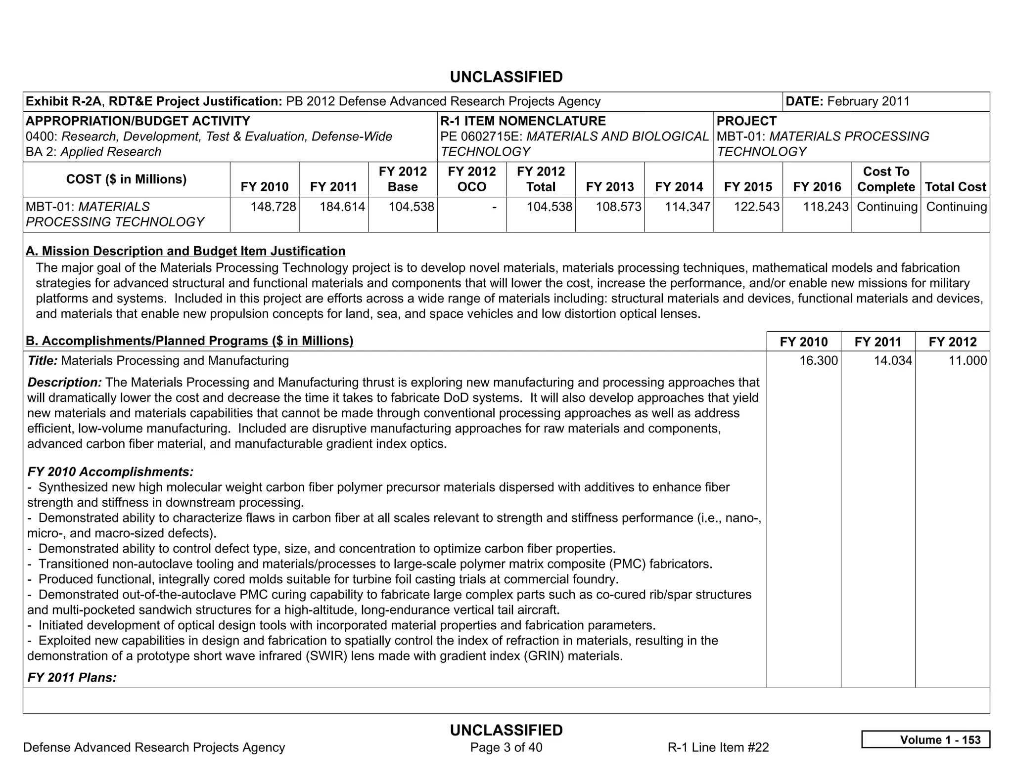 UNCLASSIFIED
Exhibit R-2A, RDT&E Project Justification: PB 2012 Defense Advanced Research Projects Agency                                               DATE: February 2011
APPROPRIATION/BUDGET ACTIVITY                                               R-1 ITEM NOMENCLATURE                 PROJECT
0400: Research, Development, Test & Evaluation, Defense-Wide                PE 0602715E: MATERIALS AND BIOLOGICAL MBT-01: MATERIALS PROCESSING
BA 2: Applied Research                                                      TECHNOLOGY                            TECHNOLOGY
                                                                FY 2012      FY 2012       FY 2012                                                     Cost To
       COST ($ in Millions)
                                       FY 2010     FY 2011       Base         OCO           Total     FY 2013      FY 2014      FY 2015     FY 2016   Complete Total Cost
MBT-01: MATERIALS                       148.728      184.614      104.538            -      104.538     108.573      114.347     122.543     118.243 Continuing Continuing
PROCESSING TECHNOLOGY

A. Mission Description and Budget Item Justification
 The major goal of the Materials Processing Technology project is to develop novel materials, materials processing techniques, mathematical models and fabrication
 strategies for advanced structural and functional materials and components that will lower the cost, increase the performance, and/or enable new missions for military
 platforms and systems. Included in this project are efforts across a wide range of materials including: structural materials and devices, functional materials and devices,
 and materials that enable new propulsion concepts for land, sea, and space vehicles and low distortion optical lenses.

B. Accomplishments/Planned Programs ($ in Millions)                                                                                       FY 2010     FY 2011     FY 2012
Title: Materials Processing and Manufacturing                                                                                                16.300      14.034      11.000
Description: The Materials Processing and Manufacturing thrust is exploring new manufacturing and processing approaches that
will dramatically lower the cost and decrease the time it takes to fabricate DoD systems. It will also develop approaches that yield
new materials and materials capabilities that cannot be made through conventional processing approaches as well as address
efficient, low-volume manufacturing. Included are disruptive manufacturing approaches for raw materials and components,
advanced carbon fiber material, and manufacturable gradient index optics.

FY 2010 Accomplishments:
- Synthesized new high molecular weight carbon fiber polymer precursor materials dispersed with additives to enhance fiber
strength and stiffness in downstream processing.
- Demonstrated ability to characterize flaws in carbon fiber at all scales relevant to strength and stiffness performance (i.e., nano-,
micro-, and macro-sized defects).
- Demonstrated ability to control defect type, size, and concentration to optimize carbon fiber properties.
- Transitioned non-autoclave tooling and materials/processes to large-scale polymer matrix composite (PMC) fabricators.
- Produced functional, integrally cored molds suitable for turbine foil casting trials at commercial foundry.
- Demonstrated out-of-the-autoclave PMC curing capability to fabricate large complex parts such as co-cured rib/spar structures
and multi-pocketed sandwich structures for a high-altitude, long-endurance vertical tail aircraft.
- Initiated development of optical design tools with incorporated material properties and fabrication parameters.
- Exploited new capabilities in design and fabrication to spatially control the index of refraction in materials, resulting in the
demonstration of a prototype short wave infrared (SWIR) lens made with gradient index (GRIN) materials.
FY 2011 Plans:



                                                                             UNCLASSIFIED
                                                                                                                                                             Volume 1 - 153
Defense Advanced Research Projects Agency                                        Page 3 of 40                        R-1 Line Item #22
 