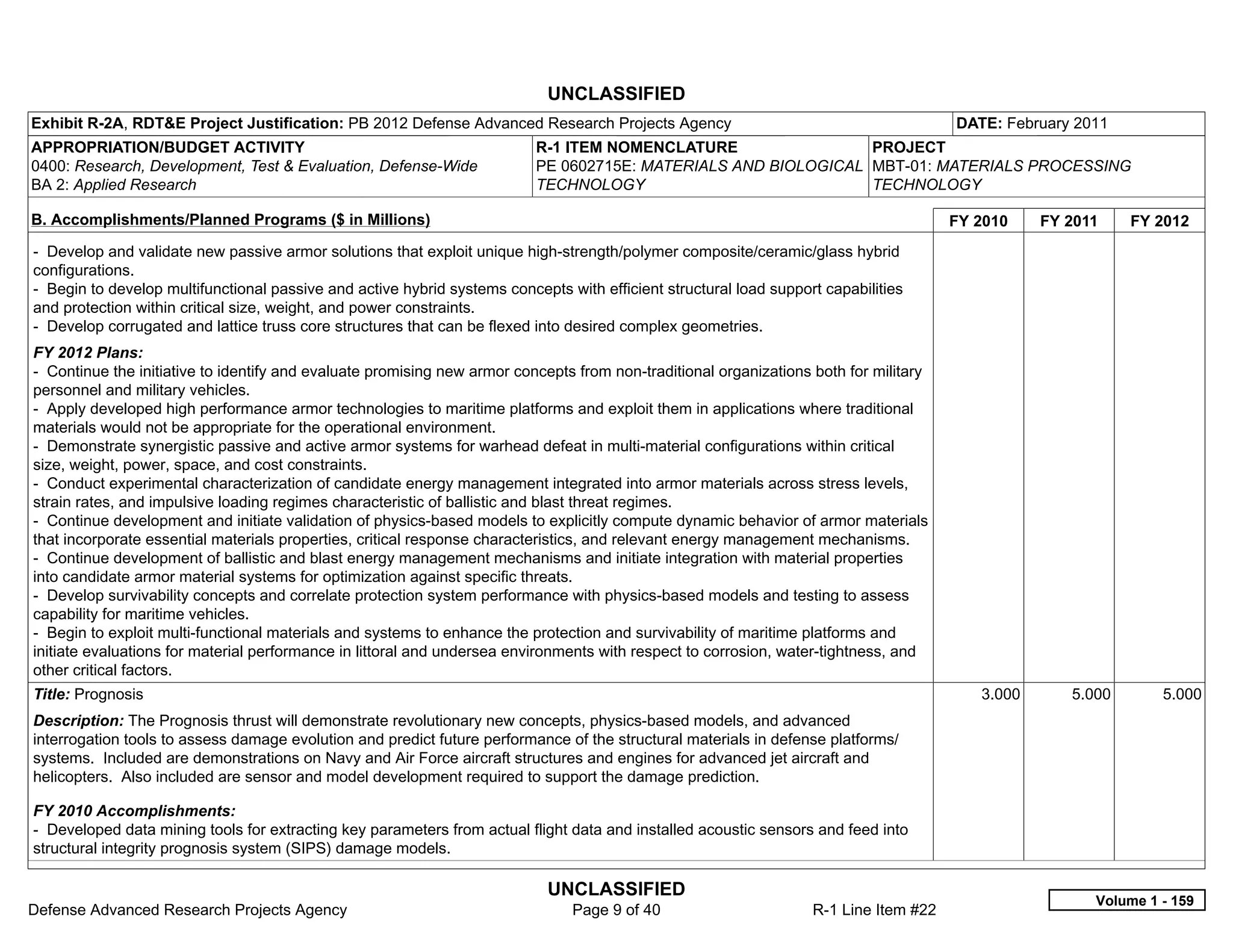 UNCLASSIFIED
Exhibit R-2A, RDT&E Project Justification: PB 2012 Defense Advanced Research Projects Agency                                           DATE: February 2011
APPROPRIATION/BUDGET ACTIVITY                                             R-1 ITEM NOMENCLATURE                 PROJECT
0400: Research, Development, Test & Evaluation, Defense-Wide              PE 0602715E: MATERIALS AND BIOLOGICAL MBT-01: MATERIALS PROCESSING
BA 2: Applied Research                                                    TECHNOLOGY                            TECHNOLOGY

B. Accomplishments/Planned Programs ($ in Millions)                                                                                    FY 2010    FY 2011    FY 2012
- Develop and validate new passive armor solutions that exploit unique high-strength/polymer composite/ceramic/glass hybrid
configurations.
- Begin to develop multifunctional passive and active hybrid systems concepts with efficient structural load support capabilities
and protection within critical size, weight, and power constraints.
- Develop corrugated and lattice truss core structures that can be flexed into desired complex geometries.
FY 2012 Plans:
- Continue the initiative to identify and evaluate promising new armor concepts from non-traditional organizations both for military
personnel and military vehicles.
- Apply developed high performance armor technologies to maritime platforms and exploit them in applications where traditional
materials would not be appropriate for the operational environment.
- Demonstrate synergistic passive and active armor systems for warhead defeat in multi-material configurations within critical
size, weight, power, space, and cost constraints.
- Conduct experimental characterization of candidate energy management integrated into armor materials across stress levels,
strain rates, and impulsive loading regimes characteristic of ballistic and blast threat regimes.
- Continue development and initiate validation of physics-based models to explicitly compute dynamic behavior of armor materials
that incorporate essential materials properties, critical response characteristics, and relevant energy management mechanisms.
- Continue development of ballistic and blast energy management mechanisms and initiate integration with material properties
into candidate armor material systems for optimization against specific threats.
- Develop survivability concepts and correlate protection system performance with physics-based models and testing to assess
capability for maritime vehicles.
- Begin to exploit multi-functional materials and systems to enhance the protection and survivability of maritime platforms and
initiate evaluations for material performance in littoral and undersea environments with respect to corrosion, water-tightness, and
other critical factors.
Title: Prognosis                                                                                                                          3.000      5.000       5.000
Description: The Prognosis thrust will demonstrate revolutionary new concepts, physics-based models, and advanced
interrogation tools to assess damage evolution and predict future performance of the structural materials in defense platforms/
systems. Included are demonstrations on Navy and Air Force aircraft structures and engines for advanced jet aircraft and
helicopters. Also included are sensor and model development required to support the damage prediction.

FY 2010 Accomplishments:
- Developed data mining tools for extracting key parameters from actual flight data and installed acoustic sensors and feed into
structural integrity prognosis system (SIPS) damage models.

                                                                            UNCLASSIFIED
                                                                                                                                                        Volume 1 - 159
Defense Advanced Research Projects Agency                                      Page 9 of 40                        R-1 Line Item #22
 