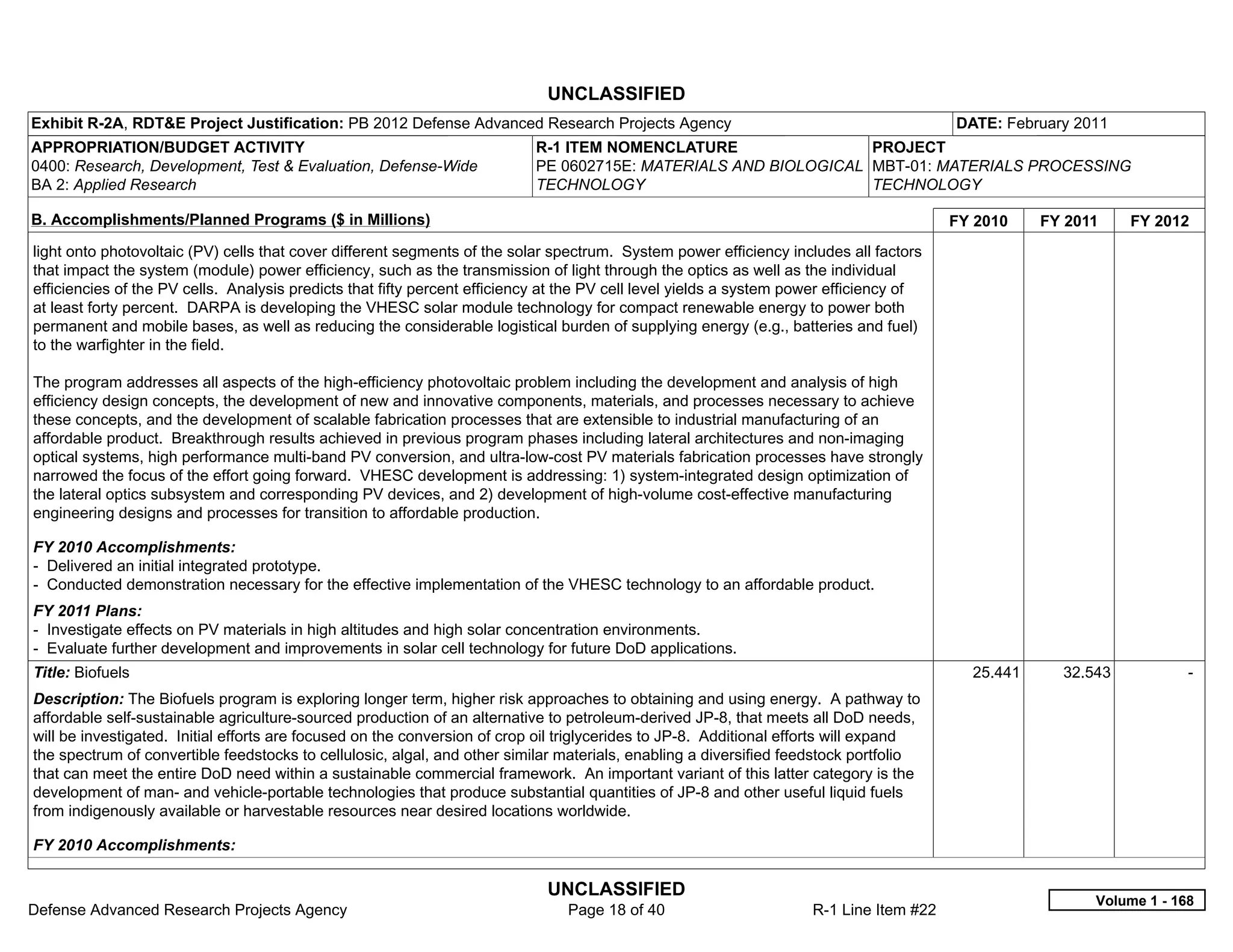 UNCLASSIFIED
Exhibit R-2A, RDT&E Project Justification: PB 2012 Defense Advanced Research Projects Agency                                             DATE: February 2011
APPROPRIATION/BUDGET ACTIVITY                                              R-1 ITEM NOMENCLATURE                 PROJECT
0400: Research, Development, Test & Evaluation, Defense-Wide               PE 0602715E: MATERIALS AND BIOLOGICAL MBT-01: MATERIALS PROCESSING
BA 2: Applied Research                                                     TECHNOLOGY                            TECHNOLOGY

B. Accomplishments/Planned Programs ($ in Millions)                                                                                      FY 2010    FY 2011    FY 2012
light onto photovoltaic (PV) cells that cover different segments of the solar spectrum. System power efficiency includes all factors
that impact the system (module) power efficiency, such as the transmission of light through the optics as well as the individual
efficiencies of the PV cells. Analysis predicts that fifty percent efficiency at the PV cell level yields a system power efficiency of
at least forty percent. DARPA is developing the VHESC solar module technology for compact renewable energy to power both
permanent and mobile bases, as well as reducing the considerable logistical burden of supplying energy (e.g., batteries and fuel)
to the warfighter in the field.

The program addresses all aspects of the high-efficiency photovoltaic problem including the development and analysis of high
efficiency design concepts, the development of new and innovative components, materials, and processes necessary to achieve
these concepts, and the development of scalable fabrication processes that are extensible to industrial manufacturing of an
affordable product. Breakthrough results achieved in previous program phases including lateral architectures and non-imaging
optical systems, high performance multi-band PV conversion, and ultra-low-cost PV materials fabrication processes have strongly
narrowed the focus of the effort going forward. VHESC development is addressing: 1) system-integrated design optimization of
the lateral optics subsystem and corresponding PV devices, and 2) development of high-volume cost-effective manufacturing
engineering designs and processes for transition to affordable production.

FY 2010 Accomplishments:
- Delivered an initial integrated prototype.
- Conducted demonstration necessary for the effective implementation of the VHESC technology to an affordable product.
FY 2011 Plans:
- Investigate effects on PV materials in high altitudes and high solar concentration environments.
- Evaluate further development and improvements in solar cell technology for future DoD applications.
Title: Biofuels                                                                                                                            25.441     32.543           -  
Description: The Biofuels program is exploring longer term, higher risk approaches to obtaining and using energy. A pathway to
affordable self-sustainable agriculture-sourced production of an alternative to petroleum-derived JP-8, that meets all DoD needs,
will be investigated. Initial efforts are focused on the conversion of crop oil triglycerides to JP-8. Additional efforts will expand
the spectrum of convertible feedstocks to cellulosic, algal, and other similar materials, enabling a diversified feedstock portfolio
that can meet the entire DoD need within a sustainable commercial framework. An important variant of this latter category is the
development of man- and vehicle-portable technologies that produce substantial quantities of JP-8 and other useful liquid fuels
from indigenously available or harvestable resources near desired locations worldwide.

FY 2010 Accomplishments:

                                                                             UNCLASSIFIED
                                                                                                                                                          Volume 1 - 168
Defense Advanced Research Projects Agency                                       Page 18 of 40                        R-1 Line Item #22
 