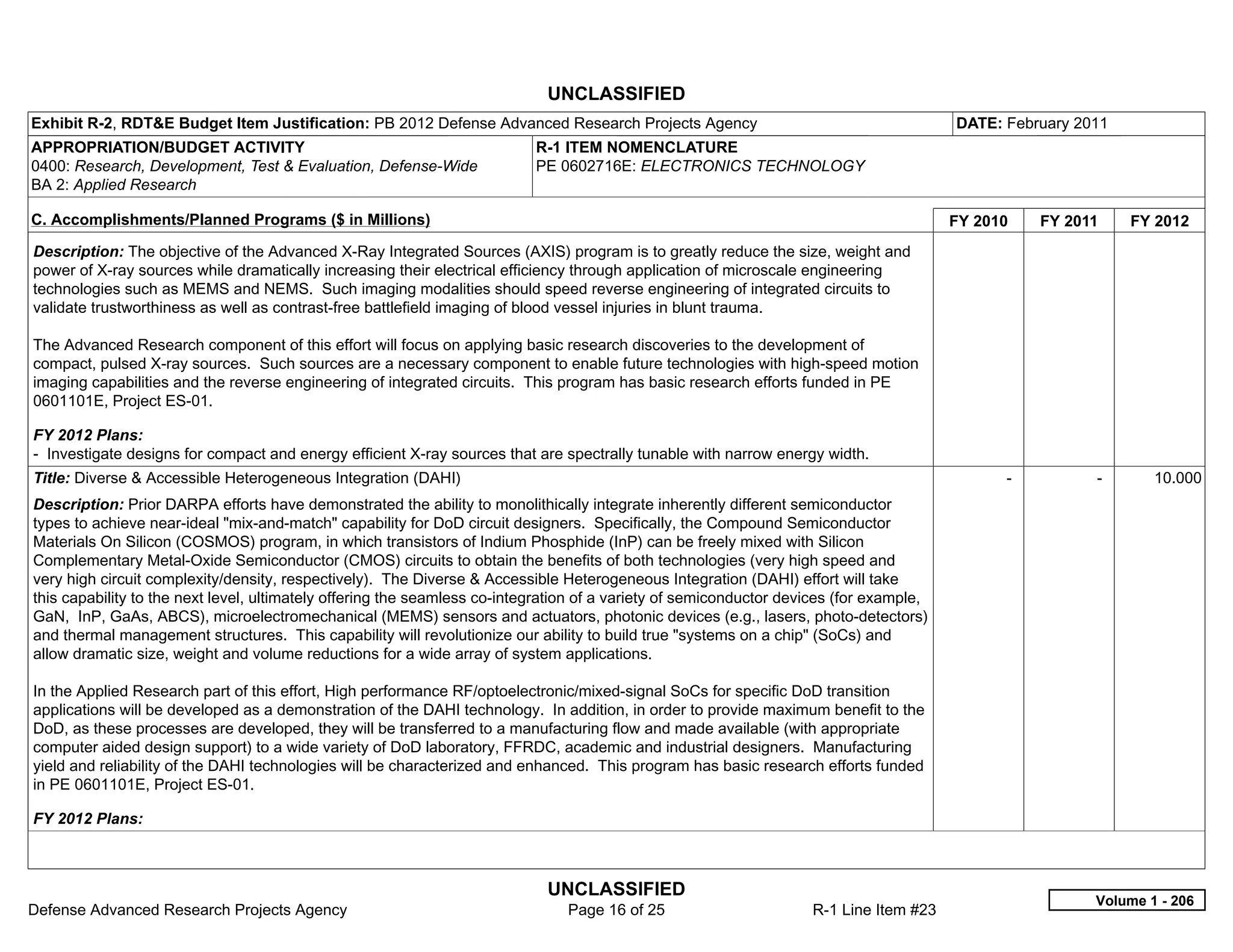UNCLASSIFIED
Exhibit R-2, RDT&E Budget Item Justification: PB 2012 Defense Advanced Research Projects Agency                                          DATE: February 2011
APPROPRIATION/BUDGET ACTIVITY                                              R-1 ITEM NOMENCLATURE
0400: Research, Development, Test & Evaluation, Defense-Wide               PE 0602716E: ELECTRONICS TECHNOLOGY
BA 2: Applied Research

C. Accomplishments/Planned Programs ($ in Millions)                                                                                      FY 2010     FY 2011     FY 2012
Description: The objective of the Advanced X-Ray Integrated Sources (AXIS) program is to greatly reduce the size, weight and
power of X-ray sources while dramatically increasing their electrical efficiency through application of microscale engineering
technologies such as MEMS and NEMS. Such imaging modalities should speed reverse engineering of integrated circuits to
validate trustworthiness as well as contrast-free battlefield imaging of blood vessel injuries in blunt trauma.

The Advanced Research component of this effort will focus on applying basic research discoveries to the development of
compact, pulsed X-ray sources. Such sources are a necessary component to enable future technologies with high-speed motion
imaging capabilities and the reverse engineering of integrated circuits. This program has basic research efforts funded in PE
0601101E, Project ES-01.

FY 2012 Plans:
- Investigate designs for compact and energy efficient X-ray sources that are spectrally tunable with narrow energy width.
Title: Diverse & Accessible Heterogeneous Integration (DAHI)                                                                                   -           -       10.000
Description: Prior DARPA efforts have demonstrated the ability to monolithically integrate inherently different semiconductor
types to achieve near-ideal "mix-and-match" capability for DoD circuit designers. Specifically, the Compound Semiconductor
Materials On Silicon (COSMOS) program, in which transistors of Indium Phosphide (InP) can be freely mixed with Silicon
Complementary Metal-Oxide Semiconductor (CMOS) circuits to obtain the benefits of both technologies (very high speed and
very high circuit complexity/density, respectively). The Diverse & Accessible Heterogeneous Integration (DAHI) effort will take
this capability to the next level, ultimately offering the seamless co-integration of a variety of semiconductor devices (for example,
GaN, InP, GaAs, ABCS), microelectromechanical (MEMS) sensors and actuators, photonic devices (e.g., lasers, photo-detectors)
and thermal management structures. This capability will revolutionize our ability to build true "systems on a chip" (SoCs) and
allow dramatic size, weight and volume reductions for a wide array of system applications.

In the Applied Research part of this effort, High performance RF/optoelectronic/mixed-signal SoCs for specific DoD transition
applications will be developed as a demonstration of the DAHI technology. In addition, in order to provide maximum benefit to the
DoD, as these processes are developed, they will be transferred to a manufacturing flow and made available (with appropriate
computer aided design support) to a wide variety of DoD laboratory, FFRDC, academic and industrial designers. Manufacturing
yield and reliability of the DAHI technologies will be characterized and enhanced. This program has basic research efforts funded
in PE 0601101E, Project ES-01.

FY 2012 Plans:



                                                                             UNCLASSIFIED
                                                                                                                                                           Volume 1 - 206
Defense Advanced Research Projects Agency                                       Page 16 of 25                       R-1 Line Item #23
 
