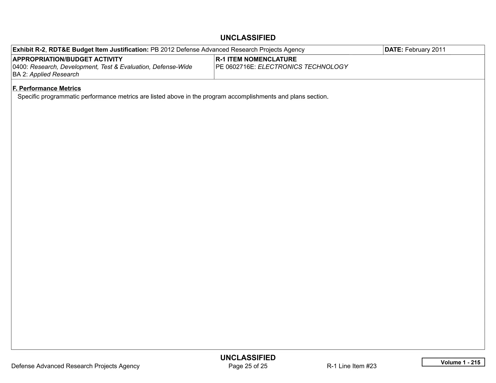 UNCLASSIFIED
Exhibit R-2, RDT&E Budget Item Justification: PB 2012 Defense Advanced Research Projects Agency                                  DATE: February 2011
APPROPRIATION/BUDGET ACTIVITY                                         R-1 ITEM NOMENCLATURE
0400: Research, Development, Test & Evaluation, Defense-Wide          PE 0602716E: ELECTRONICS TECHNOLOGY
BA 2: Applied Research

F. Performance Metrics
  Specific programmatic performance metrics are listed above in the program accomplishments and plans section.




                                                                        UNCLASSIFIED
                                                                                                                                                  Volume 1 - 215
Defense Advanced Research Projects Agency                                  Page 25 of 25                     R-1 Line Item #23
 