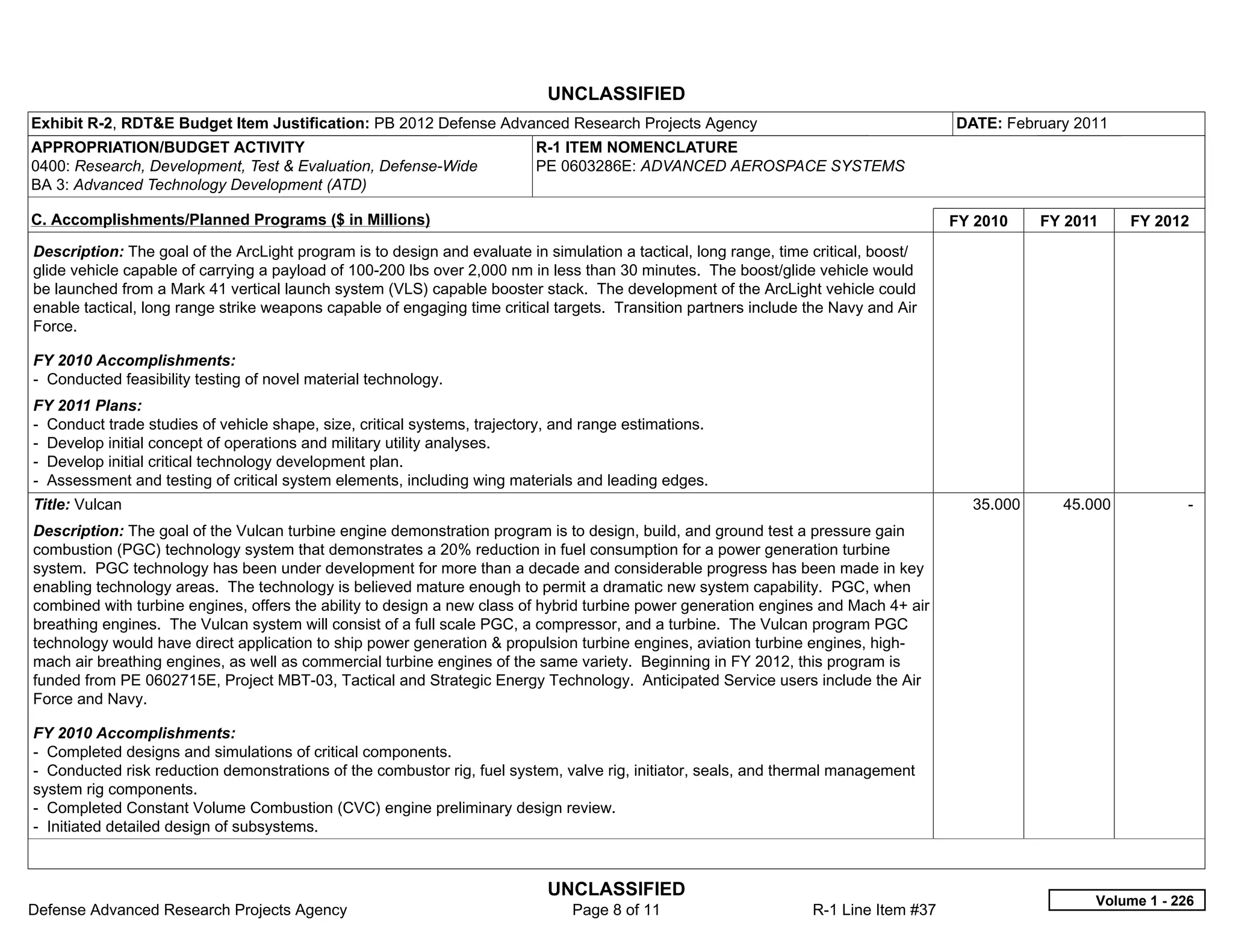 UNCLASSIFIED
Exhibit R-2, RDT&E Budget Item Justification: PB 2012 Defense Advanced Research Projects Agency                                        DATE: February 2011
APPROPRIATION/BUDGET ACTIVITY                                             R-1 ITEM NOMENCLATURE
0400: Research, Development, Test & Evaluation, Defense-Wide              PE 0603286E: ADVANCED AEROSPACE SYSTEMS
BA 3: Advanced Technology Development (ATD)

C. Accomplishments/Planned Programs ($ in Millions)                                                                                    FY 2010    FY 2011    FY 2012
Description: The goal of the ArcLight program is to design and evaluate in simulation a tactical, long range, time critical, boost/
glide vehicle capable of carrying a payload of 100-200 lbs over 2,000 nm in less than 30 minutes. The boost/glide vehicle would
be launched from a Mark 41 vertical launch system (VLS) capable booster stack. The development of the ArcLight vehicle could
enable tactical, long range strike weapons capable of engaging time critical targets. Transition partners include the Navy and Air
Force.

FY 2010 Accomplishments:
- Conducted feasibility testing of novel material technology.
FY 2011 Plans:
- Conduct trade studies of vehicle shape, size, critical systems, trajectory, and range estimations.
- Develop initial concept of operations and military utility analyses.
- Develop initial critical technology development plan.
- Assessment and testing of critical system elements, including wing materials and leading edges.
Title: Vulcan                                                                                                                            35.000     45.000           -  
Description: The goal of the Vulcan turbine engine demonstration program is to design, build, and ground test a pressure gain
combustion (PGC) technology system that demonstrates a 20% reduction in fuel consumption for a power generation turbine
system. PGC technology has been under development for more than a decade and considerable progress has been made in key
enabling technology areas. The technology is believed mature enough to permit a dramatic new system capability. PGC, when
combined with turbine engines, offers the ability to design a new class of hybrid turbine power generation engines and Mach 4+ air
breathing engines. The Vulcan system will consist of a full scale PGC, a compressor, and a turbine. The Vulcan program PGC
technology would have direct application to ship power generation & propulsion turbine engines, aviation turbine engines, high-
mach air breathing engines, as well as commercial turbine engines of the same variety. Beginning in FY 2012, this program is
funded from PE 0602715E, Project MBT-03, Tactical and Strategic Energy Technology. Anticipated Service users include the Air
Force and Navy.

FY 2010 Accomplishments:
- Completed designs and simulations of critical components.
- Conducted risk reduction demonstrations of the combustor rig, fuel system, valve rig, initiator, seals, and thermal management
system rig components.
- Completed Constant Volume Combustion (CVC) engine preliminary design review.
- Initiated detailed design of subsystems.



                                                                            UNCLASSIFIED
                                                                                                                                                        Volume 1 - 226
Defense Advanced Research Projects Agency                                      Page 8 of 11                        R-1 Line Item #37
 