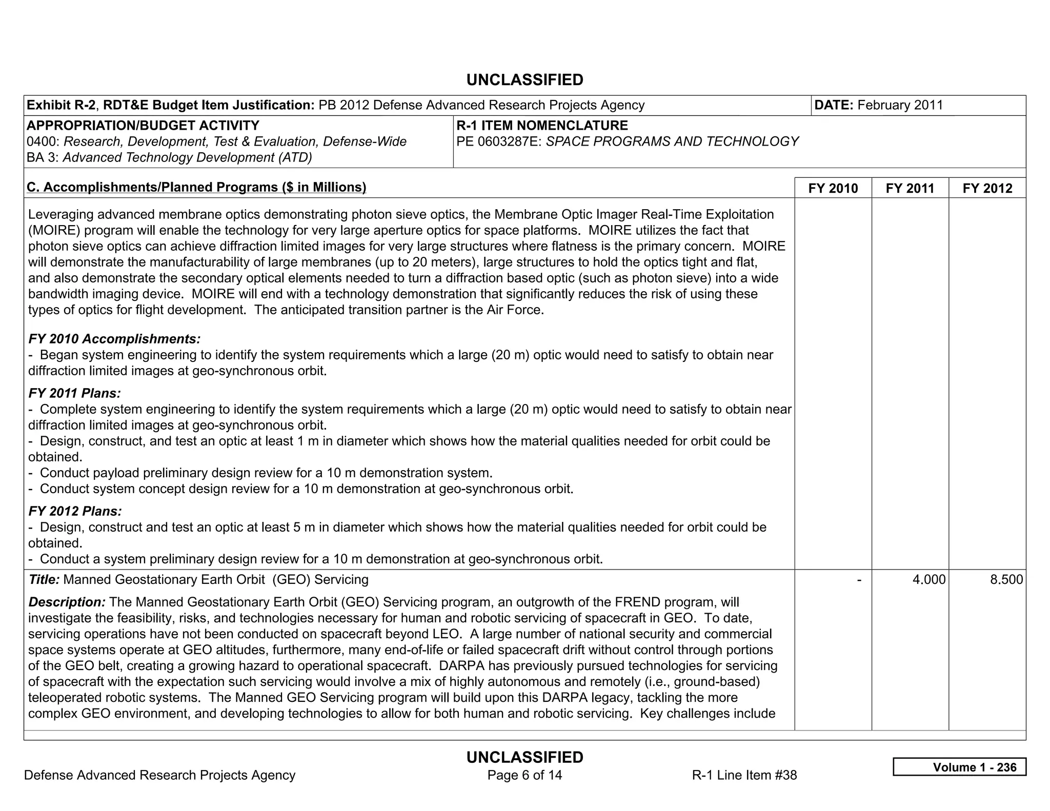 UNCLASSIFIED
Exhibit R-2, RDT&E Budget Item Justification: PB 2012 Defense Advanced Research Projects Agency                                       DATE: February 2011
APPROPRIATION/BUDGET ACTIVITY                                            R-1 ITEM NOMENCLATURE
0400: Research, Development, Test & Evaluation, Defense-Wide             PE 0603287E: SPACE PROGRAMS AND TECHNOLOGY
BA 3: Advanced Technology Development (ATD)

C. Accomplishments/Planned Programs ($ in Millions)                                                                                   FY 2010     FY 2011    FY 2012
Leveraging advanced membrane optics demonstrating photon sieve optics, the Membrane Optic Imager Real-Time Exploitation
(MOIRE) program will enable the technology for very large aperture optics for space platforms. MOIRE utilizes the fact that
photon sieve optics can achieve diffraction limited images for very large structures where flatness is the primary concern. MOIRE
will demonstrate the manufacturability of large membranes (up to 20 meters), large structures to hold the optics tight and flat,
and also demonstrate the secondary optical elements needed to turn a diffraction based optic (such as photon sieve) into a wide
bandwidth imaging device. MOIRE will end with a technology demonstration that significantly reduces the risk of using these
types of optics for flight development. The anticipated transition partner is the Air Force.

FY 2010 Accomplishments:
- Began system engineering to identify the system requirements which a large (20 m) optic would need to satisfy to obtain near
diffraction limited images at geo-synchronous orbit.
FY 2011 Plans:
- Complete system engineering to identify the system requirements which a large (20 m) optic would need to satisfy to obtain near
diffraction limited images at geo-synchronous orbit.
- Design, construct, and test an optic at least 1 m in diameter which shows how the material qualities needed for orbit could be
obtained.
- Conduct payload preliminary design review for a 10 m demonstration system.
- Conduct system concept design review for a 10 m demonstration at geo-synchronous orbit.
FY 2012 Plans:
- Design, construct and test an optic at least 5 m in diameter which shows how the material qualities needed for orbit could be
obtained.
- Conduct a system preliminary design review for a 10 m demonstration at geo-synchronous orbit.
Title: Manned Geostationary Earth Orbit (GEO) Servicing                                                                                     -        4.000       8.500
Description: The Manned Geostationary Earth Orbit (GEO) Servicing program, an outgrowth of the FREND program, will
investigate the feasibility, risks, and technologies necessary for human and robotic servicing of spacecraft in GEO. To date,
servicing operations have not been conducted on spacecraft beyond LEO. A large number of national security and commercial
space systems operate at GEO altitudes, furthermore, many end-of-life or failed spacecraft drift without control through portions
of the GEO belt, creating a growing hazard to operational spacecraft. DARPA has previously pursued technologies for servicing
of spacecraft with the expectation such servicing would involve a mix of highly autonomous and remotely (i.e., ground-based)
teleoperated robotic systems. The Manned GEO Servicing program will build upon this DARPA legacy, tackling the more
complex GEO environment, and developing technologies to allow for both human and robotic servicing. Key challenges include


                                                                           UNCLASSIFIED
                                                                                                                                                        Volume 1 - 236
Defense Advanced Research Projects Agency                                      Page 6 of 14                       R-1 Line Item #38
 