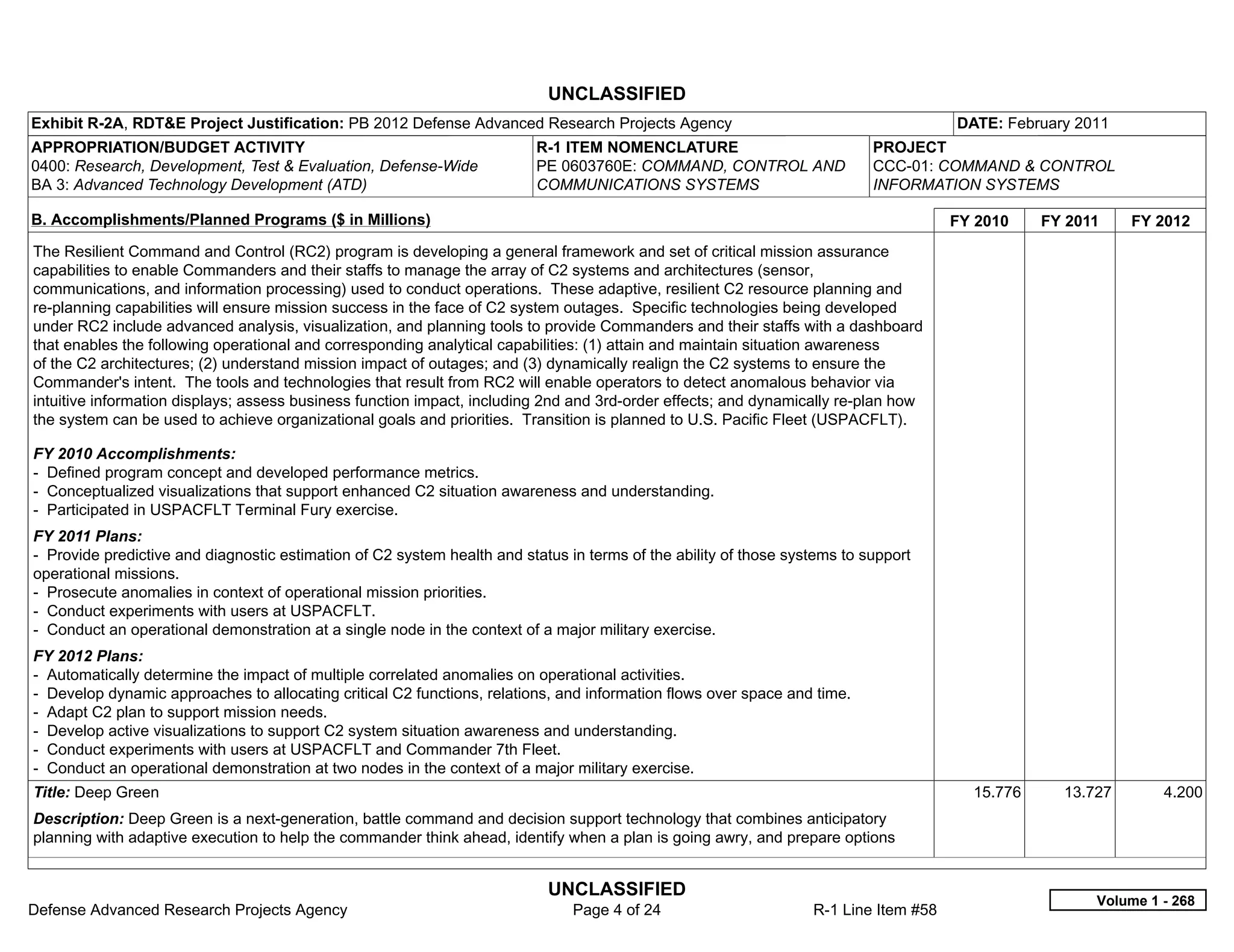 UNCLASSIFIED
Exhibit R-2A, RDT&E Project Justification: PB 2012 Defense Advanced Research Projects Agency                                          DATE: February 2011
APPROPRIATION/BUDGET ACTIVITY                                            R-1 ITEM NOMENCLATURE                             PROJECT
0400: Research, Development, Test & Evaluation, Defense-Wide             PE 0603760E: COMMAND, CONTROL AND                 CCC-01: COMMAND & CONTROL
BA 3: Advanced Technology Development (ATD)                              COMMUNICATIONS SYSTEMS                            INFORMATION SYSTEMS

B. Accomplishments/Planned Programs ($ in Millions)                                                                                   FY 2010    FY 2011    FY 2012
The Resilient Command and Control (RC2) program is developing a general framework and set of critical mission assurance
capabilities to enable Commanders and their staffs to manage the array of C2 systems and architectures (sensor,
communications, and information processing) used to conduct operations. These adaptive, resilient C2 resource planning and
re-planning capabilities will ensure mission success in the face of C2 system outages. Specific technologies being developed
under RC2 include advanced analysis, visualization, and planning tools to provide Commanders and their staffs with a dashboard
that enables the following operational and corresponding analytical capabilities: (1) attain and maintain situation awareness
of the C2 architectures; (2) understand mission impact of outages; and (3) dynamically realign the C2 systems to ensure the
Commander's intent. The tools and technologies that result from RC2 will enable operators to detect anomalous behavior via
intuitive information displays; assess business function impact, including 2nd and 3rd-order effects; and dynamically re-plan how
the system can be used to achieve organizational goals and priorities. Transition is planned to U.S. Pacific Fleet (USPACFLT).

FY 2010 Accomplishments:
- Defined program concept and developed performance metrics.
- Conceptualized visualizations that support enhanced C2 situation awareness and understanding.
- Participated in USPACFLT Terminal Fury exercise.
FY 2011 Plans:
- Provide predictive and diagnostic estimation of C2 system health and status in terms of the ability of those systems to support
operational missions.
- Prosecute anomalies in context of operational mission priorities.
- Conduct experiments with users at USPACFLT.
- Conduct an operational demonstration at a single node in the context of a major military exercise.
FY 2012 Plans:
- Automatically determine the impact of multiple correlated anomalies on operational activities.
- Develop dynamic approaches to allocating critical C2 functions, relations, and information flows over space and time.
- Adapt C2 plan to support mission needs.
- Develop active visualizations to support C2 system situation awareness and understanding.
- Conduct experiments with users at USPACFLT and Commander 7th Fleet.
- Conduct an operational demonstration at two nodes in the context of a major military exercise.
Title: Deep Green                                                                                                                       15.776     13.727       4.200
Description: Deep Green is a next-generation, battle command and decision support technology that combines anticipatory
planning with adaptive execution to help the commander think ahead, identify when a plan is going awry, and prepare options


                                                                           UNCLASSIFIED
                                                                                                                                                       Volume 1 - 268
Defense Advanced Research Projects Agency                                      Page 4 of 24                       R-1 Line Item #58
 
