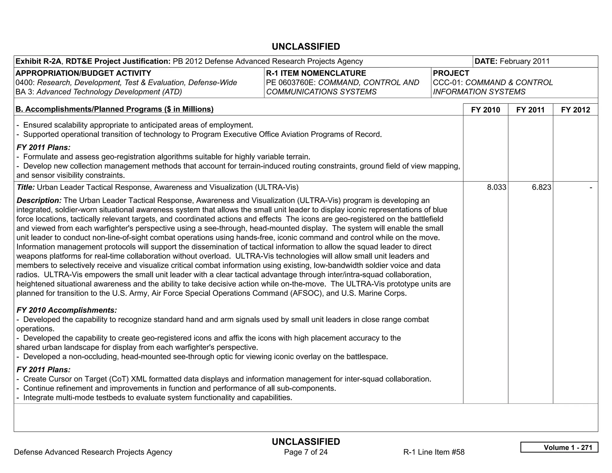 UNCLASSIFIED
Exhibit R-2A, RDT&E Project Justification: PB 2012 Defense Advanced Research Projects Agency                                          DATE: February 2011
APPROPRIATION/BUDGET ACTIVITY                                             R-1 ITEM NOMENCLATURE                            PROJECT
0400: Research, Development, Test & Evaluation, Defense-Wide              PE 0603760E: COMMAND, CONTROL AND                CCC-01: COMMAND & CONTROL
BA 3: Advanced Technology Development (ATD)                               COMMUNICATIONS SYSTEMS                           INFORMATION SYSTEMS

B. Accomplishments/Planned Programs ($ in Millions)                                                                                   FY 2010    FY 2011    FY 2012
- Ensured scalability appropriate to anticipated areas of employment.
- Supported operational transition of technology to Program Executive Office Aviation Programs of Record.
FY 2011 Plans:
- Formulate and assess geo-registration algorithms suitable for highly variable terrain.
- Develop new collection management methods that account for terrain-induced routing constraints, ground field of view mapping,
and sensor visibility constraints.
Title: Urban Leader Tactical Response, Awareness and Visualization (ULTRA-Vis)                                                           8.033      6.823           -  
Description: The Urban Leader Tactical Response, Awareness and Visualization (ULTRA-Vis) program is developing an
integrated, soldier-worn situational awareness system that allows the small unit leader to display iconic representations of blue
force locations, tactically relevant targets, and coordinated actions and effects The icons are geo-registered on the battlefield
and viewed from each warfighter's perspective using a see-through, head-mounted display. The system will enable the small
unit leader to conduct non-line-of-sight combat operations using hands-free, iconic command and control while on the move.
Information management protocols will support the dissemination of tactical information to allow the squad leader to direct
weapons platforms for real-time collaboration without overload. ULTRA-Vis technologies will allow small unit leaders and
members to selectively receive and visualize critical combat information using existing, low-bandwidth soldier voice and data
radios. ULTRA-Vis empowers the small unit leader with a clear tactical advantage through inter/intra-squad collaboration,
heightened situational awareness and the ability to take decisive action while on-the-move. The ULTRA-Vis prototype units are
planned for transition to the U.S. Army, Air Force Special Operations Command (AFSOC), and U.S. Marine Corps.

FY 2010 Accomplishments:
- Developed the capability to recognize standard hand and arm signals used by small unit leaders in close range combat
operations.
- Developed the capability to create geo-registered icons and affix the icons with high placement accuracy to the
shared urban landscape for display from each warfighter's perspective.
- Developed a non-occluding, head-mounted see-through optic for viewing iconic overlay on the battlespace.
FY 2011 Plans:
- Create Cursor on Target (CoT) XML formatted data displays and information management for inter-squad collaboration.
- Continue refinement and improvements in function and performance of all sub-components.
- Integrate multi-mode testbeds to evaluate system functionality and capabilities.




                                                                           UNCLASSIFIED
                                                                                                                                                       Volume 1 - 271
Defense Advanced Research Projects Agency                                      Page 7 of 24                       R-1 Line Item #58
 