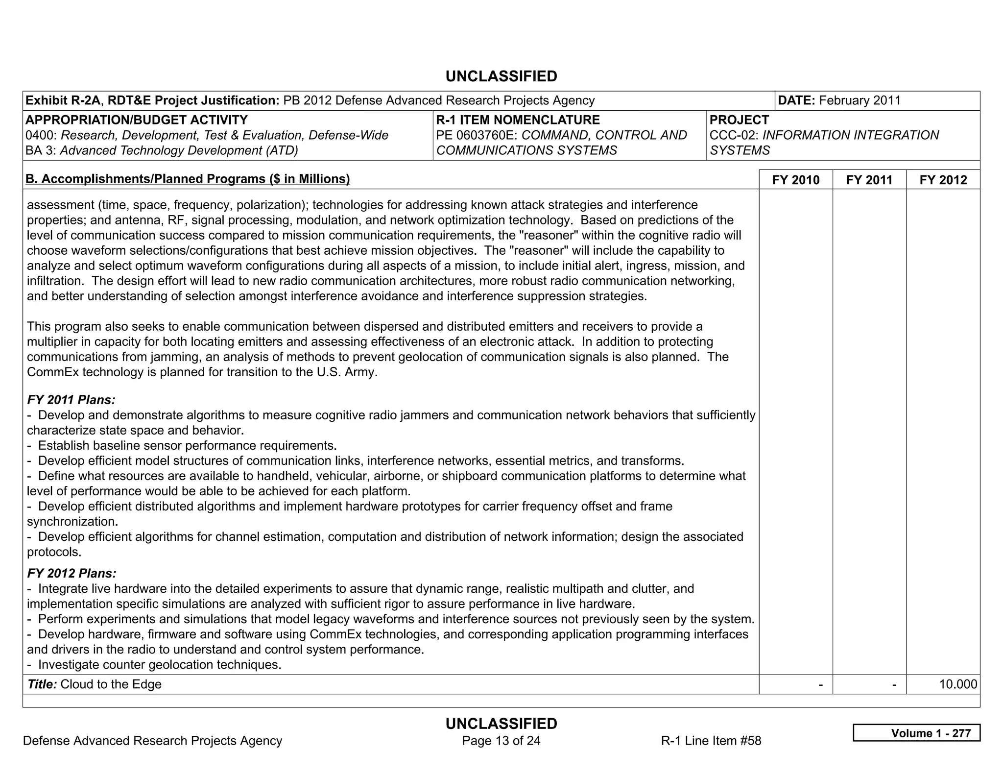UNCLASSIFIED
Exhibit R-2A, RDT&E Project Justification: PB 2012 Defense Advanced Research Projects Agency                                           DATE: February 2011
APPROPRIATION/BUDGET ACTIVITY                                             R-1 ITEM NOMENCLATURE                             PROJECT
0400: Research, Development, Test & Evaluation, Defense-Wide              PE 0603760E: COMMAND, CONTROL AND                 CCC-02: INFORMATION INTEGRATION
BA 3: Advanced Technology Development (ATD)                               COMMUNICATIONS SYSTEMS                            SYSTEMS

B. Accomplishments/Planned Programs ($ in Millions)                                                                                    FY 2010     FY 2011     FY 2012
assessment (time, space, frequency, polarization); technologies for addressing known attack strategies and interference
properties; and antenna, RF, signal processing, modulation, and network optimization technology. Based on predictions of the
level of communication success compared to mission communication requirements, the "reasoner" within the cognitive radio will
choose waveform selections/configurations that best achieve mission objectives. The "reasoner" will include the capability to
analyze and select optimum waveform configurations during all aspects of a mission, to include initial alert, ingress, mission, and
infiltration. The design effort will lead to new radio communication architectures, more robust radio communication networking,
and better understanding of selection amongst interference avoidance and interference suppression strategies.

This program also seeks to enable communication between dispersed and distributed emitters and receivers to provide a
multiplier in capacity for both locating emitters and assessing effectiveness of an electronic attack. In addition to protecting
communications from jamming, an analysis of methods to prevent geolocation of communication signals is also planned. The
CommEx technology is planned for transition to the U.S. Army.

FY 2011 Plans:
- Develop and demonstrate algorithms to measure cognitive radio jammers and communication network behaviors that sufficiently
characterize state space and behavior.
- Establish baseline sensor performance requirements.
- Develop efficient model structures of communication links, interference networks, essential metrics, and transforms.
- Define what resources are available to handheld, vehicular, airborne, or shipboard communication platforms to determine what
level of performance would be able to be achieved for each platform.
- Develop efficient distributed algorithms and implement hardware prototypes for carrier frequency offset and frame
synchronization.
- Develop efficient algorithms for channel estimation, computation and distribution of network information; design the associated
protocols.
FY 2012 Plans:
- Integrate live hardware into the detailed experiments to assure that dynamic range, realistic multipath and clutter, and
implementation specific simulations are analyzed with sufficient rigor to assure performance in live hardware.
- Perform experiments and simulations that model legacy waveforms and interference sources not previously seen by the system.
- Develop hardware, firmware and software using CommEx technologies, and corresponding application programming interfaces
and drivers in the radio to understand and control system performance.
- Investigate counter geolocation techniques.
Title: Cloud to the Edge                                                                                                                     -           -       10.000


                                                                            UNCLASSIFIED
                                                                                                                                                         Volume 1 - 277
Defense Advanced Research Projects Agency                                      Page 13 of 24                       R-1 Line Item #58
 