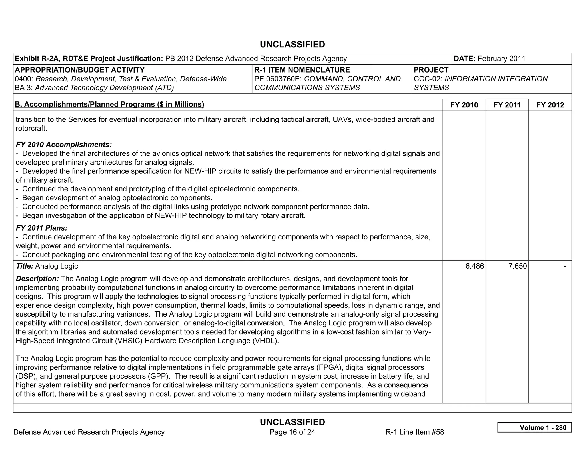 UNCLASSIFIED
Exhibit R-2A, RDT&E Project Justification: PB 2012 Defense Advanced Research Projects Agency                                                DATE: February 2011
APPROPRIATION/BUDGET ACTIVITY                                                 R-1 ITEM NOMENCLATURE                               PROJECT
0400: Research, Development, Test & Evaluation, Defense-Wide                  PE 0603760E: COMMAND, CONTROL AND                   CCC-02: INFORMATION INTEGRATION
BA 3: Advanced Technology Development (ATD)                                   COMMUNICATIONS SYSTEMS                              SYSTEMS

B. Accomplishments/Planned Programs ($ in Millions)                                                                                         FY 2010    FY 2011    FY 2012
transition to the Services for eventual incorporation into military aircraft, including tactical aircraft, UAVs, wide-bodied aircraft and
rotorcraft.

FY 2010 Accomplishments:
- Developed the final architectures of the avionics optical network that satisfies the requirements for networking digital signals and
developed preliminary architectures for analog signals.
- Developed the final performance specification for NEW-HIP circuits to satisfy the performance and environmental requirements
of military aircraft.
- Continued the development and prototyping of the digital optoelectronic components.
- Began development of analog optoelectronic components.
- Conducted performance analysis of the digital links using prototype network component performance data.
- Began investigation of the application of NEW-HIP technology to military rotary aircraft.
FY 2011 Plans:
- Continue development of the key optoelectronic digital and analog networking components with respect to performance, size,
weight, power and environmental requirements.
- Conduct packaging and environmental testing of the key optoelectronic digital networking components.
Title: Analog Logic                                                                                                                            6.486      7.650           -  
Description: The Analog Logic program will develop and demonstrate architectures, designs, and development tools for
implementing probability computational functions in analog circuitry to overcome performance limitations inherent in digital
designs. This program will apply the technologies to signal processing functions typically performed in digital form, which
experience design complexity, high power consumption, thermal loads, limits to computational speeds, loss in dynamic range, and
susceptibility to manufacturing variances. The Analog Logic program will build and demonstrate an analog-only signal processing
capability with no local oscillator, down conversion, or analog-to-digital conversion. The Analog Logic program will also develop
the algorithm libraries and automated development tools needed for developing algorithms in a low-cost fashion similar to Very-
High-Speed Integrated Circuit (VHSIC) Hardware Description Language (VHDL).

The Analog Logic program has the potential to reduce complexity and power requirements for signal processing functions while
improving performance relative to digital implementations in field programmable gate arrays (FPGA), digital signal processors
(DSP), and general purpose processors (GPP). The result is a significant reduction in system cost, increase in battery life, and
higher system reliability and performance for critical wireless military communications system components. As a consequence
of this effort, there will be a great saving in cost, power, and volume to many modern military systems implementing wideband


                                                                               UNCLASSIFIED
                                                                                                                                                             Volume 1 - 280
Defense Advanced Research Projects Agency                                          Page 16 of 24                        R-1 Line Item #58
 