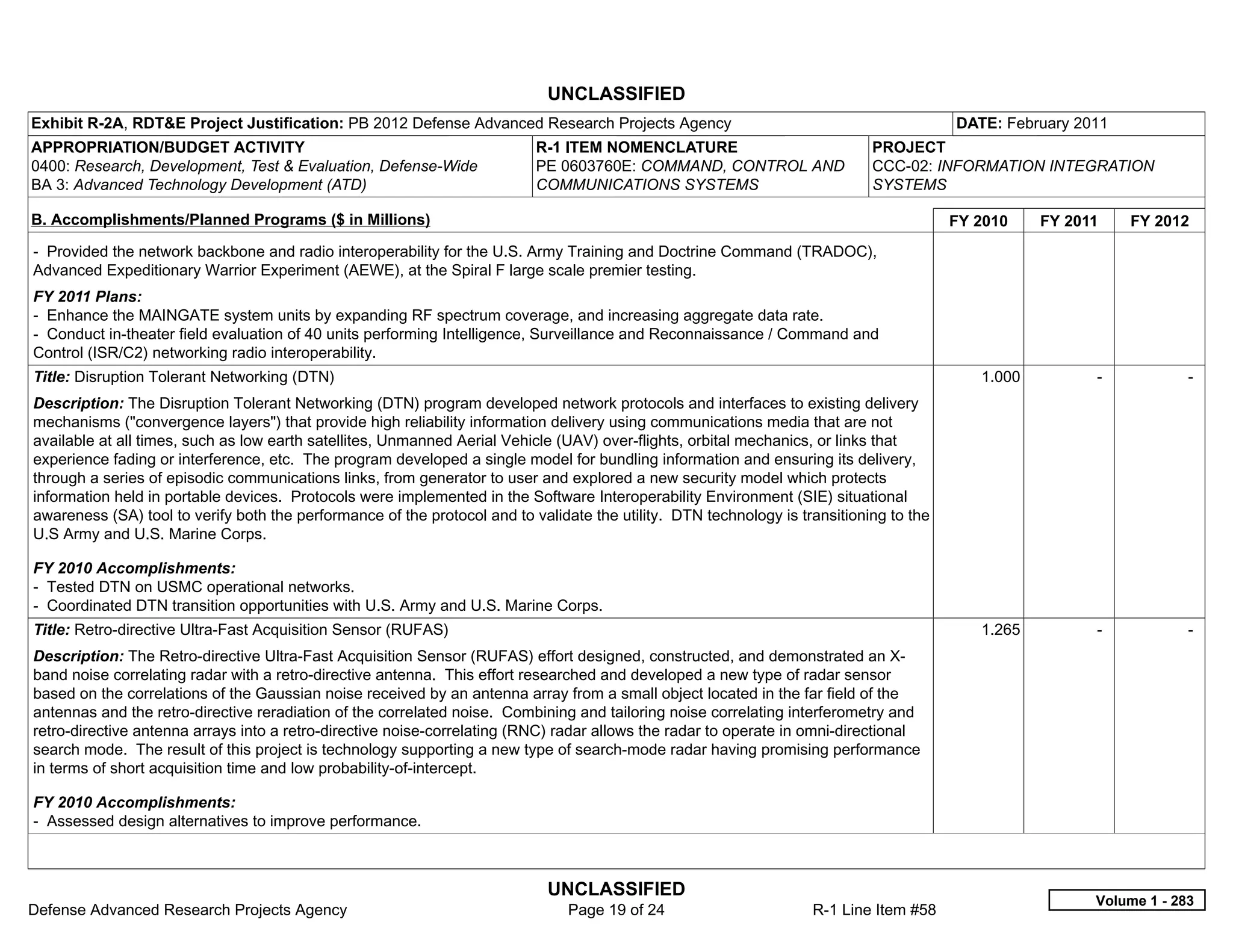 UNCLASSIFIED
Exhibit R-2A, RDT&E Project Justification: PB 2012 Defense Advanced Research Projects Agency                                             DATE: February 2011
APPROPRIATION/BUDGET ACTIVITY                                              R-1 ITEM NOMENCLATURE                             PROJECT
0400: Research, Development, Test & Evaluation, Defense-Wide               PE 0603760E: COMMAND, CONTROL AND                 CCC-02: INFORMATION INTEGRATION
BA 3: Advanced Technology Development (ATD)                                COMMUNICATIONS SYSTEMS                            SYSTEMS

B. Accomplishments/Planned Programs ($ in Millions)                                                                                      FY 2010    FY 2011     FY 2012
- Provided the network backbone and radio interoperability for the U.S. Army Training and Doctrine Command (TRADOC),
Advanced Expeditionary Warrior Experiment (AEWE), at the Spiral F large scale premier testing.
FY 2011 Plans:
- Enhance the MAINGATE system units by expanding RF spectrum coverage, and increasing aggregate data rate.
- Conduct in-theater field evaluation of 40 units performing Intelligence, Surveillance and Reconnaissance / Command and
Control (ISR/C2) networking radio interoperability.
Title: Disruption Tolerant Networking (DTN)                                                                                                 1.000         -            -  
Description: The Disruption Tolerant Networking (DTN) program developed network protocols and interfaces to existing delivery
mechanisms ("convergence layers") that provide high reliability information delivery using communications media that are not
available at all times, such as low earth satellites, Unmanned Aerial Vehicle (UAV) over-flights, orbital mechanics, or links that
experience fading or interference, etc. The program developed a single model for bundling information and ensuring its delivery,
through a series of episodic communications links, from generator to user and explored a new security model which protects
information held in portable devices. Protocols were implemented in the Software Interoperability Environment (SIE) situational
awareness (SA) tool to verify both the performance of the protocol and to validate the utility. DTN technology is transitioning to the
U.S Army and U.S. Marine Corps.

FY 2010 Accomplishments:
- Tested DTN on USMC operational networks.
- Coordinated DTN transition opportunities with U.S. Army and U.S. Marine Corps.
Title: Retro-directive Ultra-Fast Acquisition Sensor (RUFAS)                                                                                1.265         -            -  
Description: The Retro-directive Ultra-Fast Acquisition Sensor (RUFAS) effort designed, constructed, and demonstrated an X-
band noise correlating radar with a retro-directive antenna. This effort researched and developed a new type of radar sensor
based on the correlations of the Gaussian noise received by an antenna array from a small object located in the far field of the
antennas and the retro-directive reradiation of the correlated noise. Combining and tailoring noise correlating interferometry and
retro-directive antenna arrays into a retro-directive noise-correlating (RNC) radar allows the radar to operate in omni-directional
search mode. The result of this project is technology supporting a new type of search-mode radar having promising performance
in terms of short acquisition time and low probability-of-intercept.

FY 2010 Accomplishments:
- Assessed design alternatives to improve performance.



                                                                            UNCLASSIFIED
                                                                                                                                                          Volume 1 - 283
Defense Advanced Research Projects Agency                                      Page 19 of 24                        R-1 Line Item #58
 