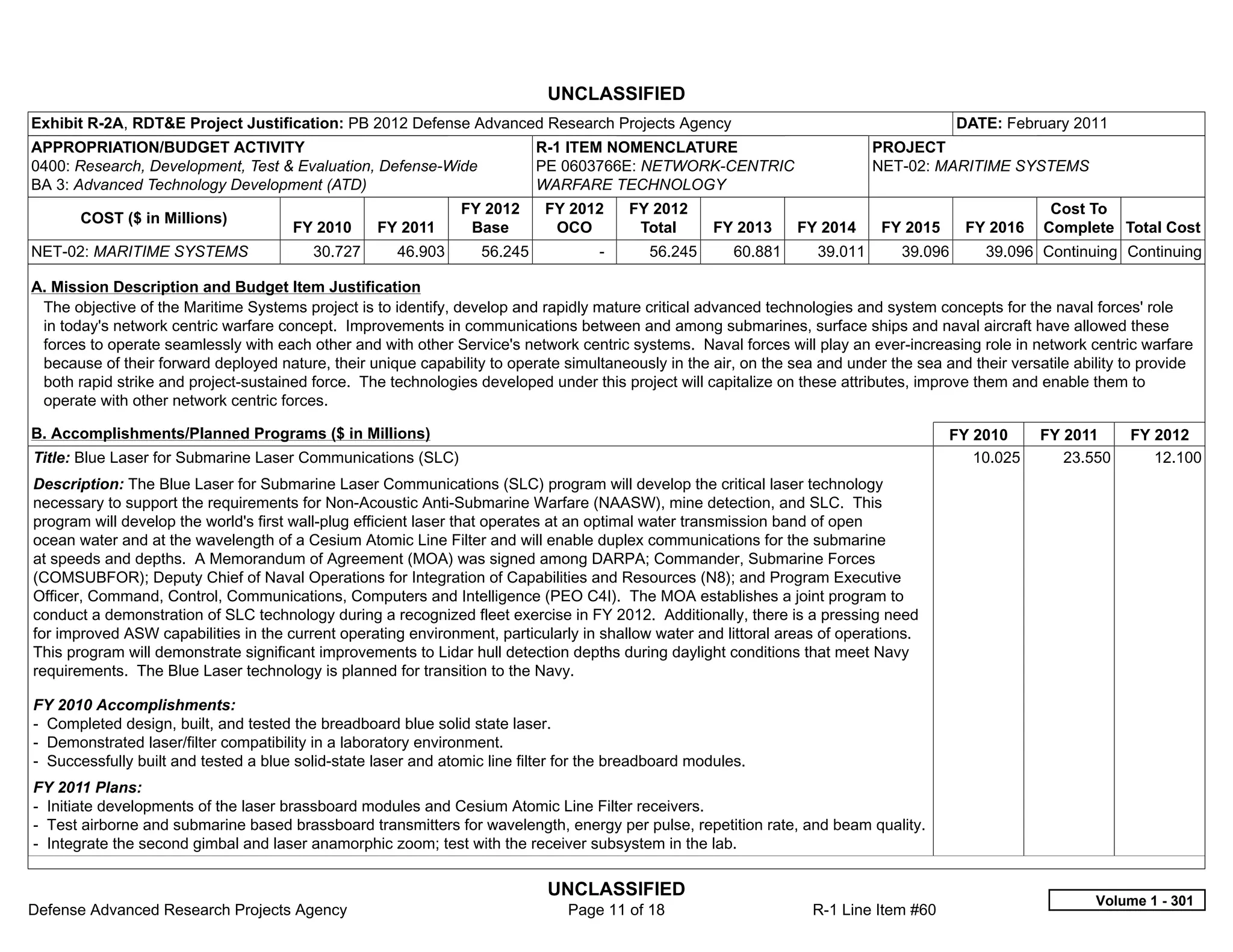 UNCLASSIFIED
Exhibit R-2A, RDT&E Project Justification: PB 2012 Defense Advanced Research Projects Agency                                             DATE: February 2011
APPROPRIATION/BUDGET ACTIVITY                                               R-1 ITEM NOMENCLATURE                            PROJECT
0400: Research, Development, Test & Evaluation, Defense-Wide                PE 0603766E: NETWORK-CENTRIC                     NET-02: MARITIME SYSTEMS
BA 3: Advanced Technology Development (ATD)                                 WARFARE TECHNOLOGY
                                                                FY 2012     FY 2012        FY 2012                                                    Cost To
       COST ($ in Millions)
                                       FY 2010     FY 2011       Base        OCO            Total     FY 2013     FY 2014     FY 2015     FY 2016    Complete Total Cost
NET-02: MARITIME SYSTEMS                  30.727      46.903       56.245            -       56.245      60.881     39.011      39.096       39.096 Continuing Continuing

A. Mission Description and Budget Item Justification
 The objective of the Maritime Systems project is to identify, develop and rapidly mature critical advanced technologies and system concepts for the naval forces' role
 in today's network centric warfare concept. Improvements in communications between and among submarines, surface ships and naval aircraft have allowed these
 forces to operate seamlessly with each other and with other Service's network centric systems. Naval forces will play an ever-increasing role in network centric warfare
 because of their forward deployed nature, their unique capability to operate simultaneously in the air, on the sea and under the sea and their versatile ability to provide
 both rapid strike and project-sustained force. The technologies developed under this project will capitalize on these attributes, improve them and enable them to
 operate with other network centric forces.

B. Accomplishments/Planned Programs ($ in Millions)                                                                                     FY 2010      FY 2011      FY 2012
Title: Blue Laser for Submarine Laser Communications (SLC)                                                                                 10.025       23.550       12.100
Description: The Blue Laser for Submarine Laser Communications (SLC) program will develop the critical laser technology
necessary to support the requirements for Non-Acoustic Anti-Submarine Warfare (NAASW), mine detection, and SLC. This
program will develop the world's first wall-plug efficient laser that operates at an optimal water transmission band of open
ocean water and at the wavelength of a Cesium Atomic Line Filter and will enable duplex communications for the submarine
at speeds and depths. A Memorandum of Agreement (MOA) was signed among DARPA; Commander, Submarine Forces
(COMSUBFOR); Deputy Chief of Naval Operations for Integration of Capabilities and Resources (N8); and Program Executive
Officer, Command, Control, Communications, Computers and Intelligence (PEO C4I). The MOA establishes a joint program to
conduct a demonstration of SLC technology during a recognized fleet exercise in FY 2012. Additionally, there is a pressing need
for improved ASW capabilities in the current operating environment, particularly in shallow water and littoral areas of operations.
This program will demonstrate significant improvements to Lidar hull detection depths during daylight conditions that meet Navy
requirements. The Blue Laser technology is planned for transition to the Navy.

FY 2010 Accomplishments:
- Completed design, built, and tested the breadboard blue solid state laser.
- Demonstrated laser/filter compatibility in a laboratory environment.
- Successfully built and tested a blue solid-state laser and atomic line filter for the breadboard modules.
FY 2011 Plans:
- Initiate developments of the laser brassboard modules and Cesium Atomic Line Filter receivers.
- Test airborne and submarine based brassboard transmitters for wavelength, energy per pulse, repetition rate, and beam quality.
- Integrate the second gimbal and laser anamorphic zoom; test with the receiver subsystem in the lab.

                                                                             UNCLASSIFIED
                                                                                                                                                             Volume 1 - 301
Defense Advanced Research Projects Agency                                       Page 11 of 18                      R-1 Line Item #60
 