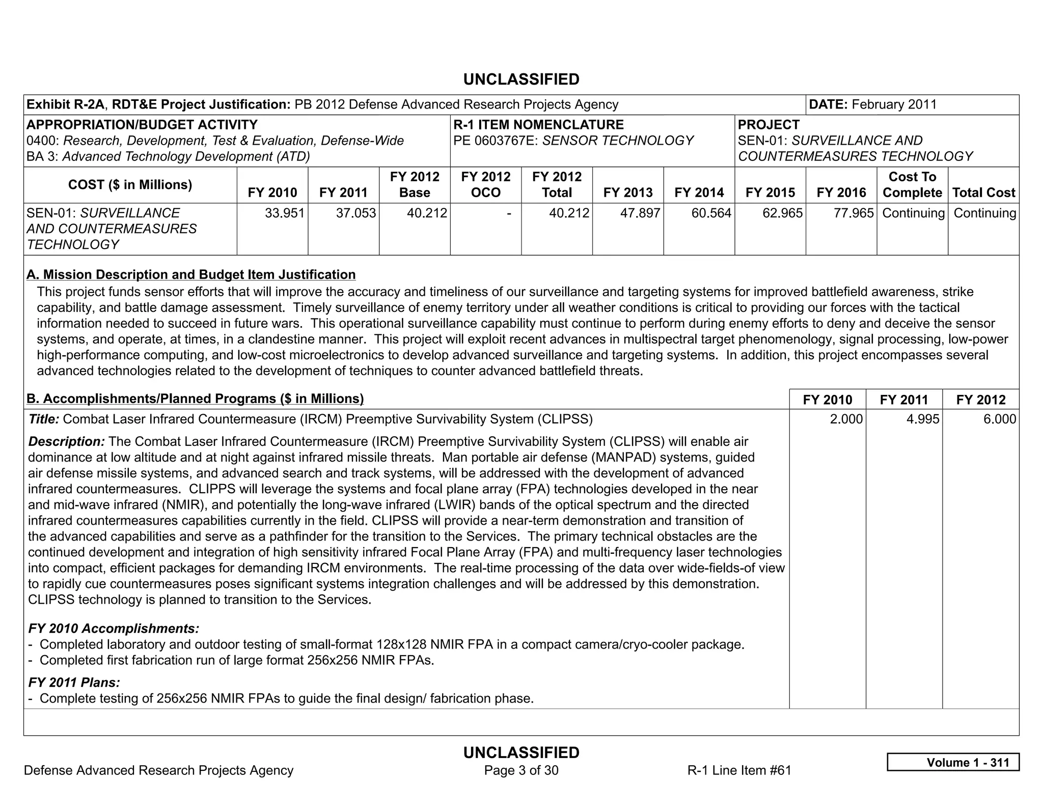UNCLASSIFIED
Exhibit R-2A, RDT&E Project Justification: PB 2012 Defense Advanced Research Projects Agency                                          DATE: February 2011
APPROPRIATION/BUDGET ACTIVITY                                            R-1 ITEM NOMENCLATURE                            PROJECT
0400: Research, Development, Test & Evaluation, Defense-Wide             PE 0603767E: SENSOR TECHNOLOGY                   SEN-01: SURVEILLANCE AND
BA 3: Advanced Technology Development (ATD)                                                                               COUNTERMEASURES TECHNOLOGY
                                                             FY 2012     FY 2012       FY 2012                                                    Cost To
       COST ($ in Millions)
                                     FY 2010     FY 2011      Base        OCO           Total     FY 2013     FY 2014     FY 2015      FY 2016   Complete Total Cost
SEN-01: SURVEILLANCE                    33.951      37.053      40.212           -       40.212      47.897      60.564      62.965      77.965 Continuing Continuing
AND COUNTERMEASURES
TECHNOLOGY

A. Mission Description and Budget Item Justification
 This project funds sensor efforts that will improve the accuracy and timeliness of our surveillance and targeting systems for improved battlefield awareness, strike
 capability, and battle damage assessment. Timely surveillance of enemy territory under all weather conditions is critical to providing our forces with the tactical
 information needed to succeed in future wars. This operational surveillance capability must continue to perform during enemy efforts to deny and deceive the sensor
 systems, and operate, at times, in a clandestine manner. This project will exploit recent advances in multispectral target phenomenology, signal processing, low-power
 high-performance computing, and low-cost microelectronics to develop advanced surveillance and targeting systems. In addition, this project encompasses several
 advanced technologies related to the development of techniques to counter advanced battlefield threats.

B. Accomplishments/Planned Programs ($ in Millions)                                                                                 FY 2010      FY 2011      FY 2012
Title: Combat Laser Infrared Countermeasure (IRCM) Preemptive Survivability System (CLIPSS)                                             2.000        4.995        6.000
Description: The Combat Laser Infrared Countermeasure (IRCM) Preemptive Survivability System (CLIPSS) will enable air
dominance at low altitude and at night against infrared missile threats. Man portable air defense (MANPAD) systems, guided
air defense missile systems, and advanced search and track systems, will be addressed with the development of advanced
infrared countermeasures. CLIPPS will leverage the systems and focal plane array (FPA) technologies developed in the near
and mid-wave infrared (NMIR), and potentially the long-wave infrared (LWIR) bands of the optical spectrum and the directed
infrared countermeasures capabilities currently in the field. CLIPSS will provide a near-term demonstration and transition of
the advanced capabilities and serve as a pathfinder for the transition to the Services. The primary technical obstacles are the
continued development and integration of high sensitivity infrared Focal Plane Array (FPA) and multi-frequency laser technologies
into compact, efficient packages for demanding IRCM environments. The real-time processing of the data over wide-fields-of view
to rapidly cue countermeasures poses significant systems integration challenges and will be addressed by this demonstration.
CLIPSS technology is planned to transition to the Services.

FY 2010 Accomplishments:
- Completed laboratory and outdoor testing of small-format 128x128 NMIR FPA in a compact camera/cryo-cooler package.
- Completed first fabrication run of large format 256x256 NMIR FPAs.
FY 2011 Plans:
- Complete testing of 256x256 NMIR FPAs to guide the final design/ fabrication phase.



                                                                          UNCLASSIFIED
                                                                                                                                                         Volume 1 - 311
Defense Advanced Research Projects Agency                                    Page 3 of 30                       R-1 Line Item #61
 