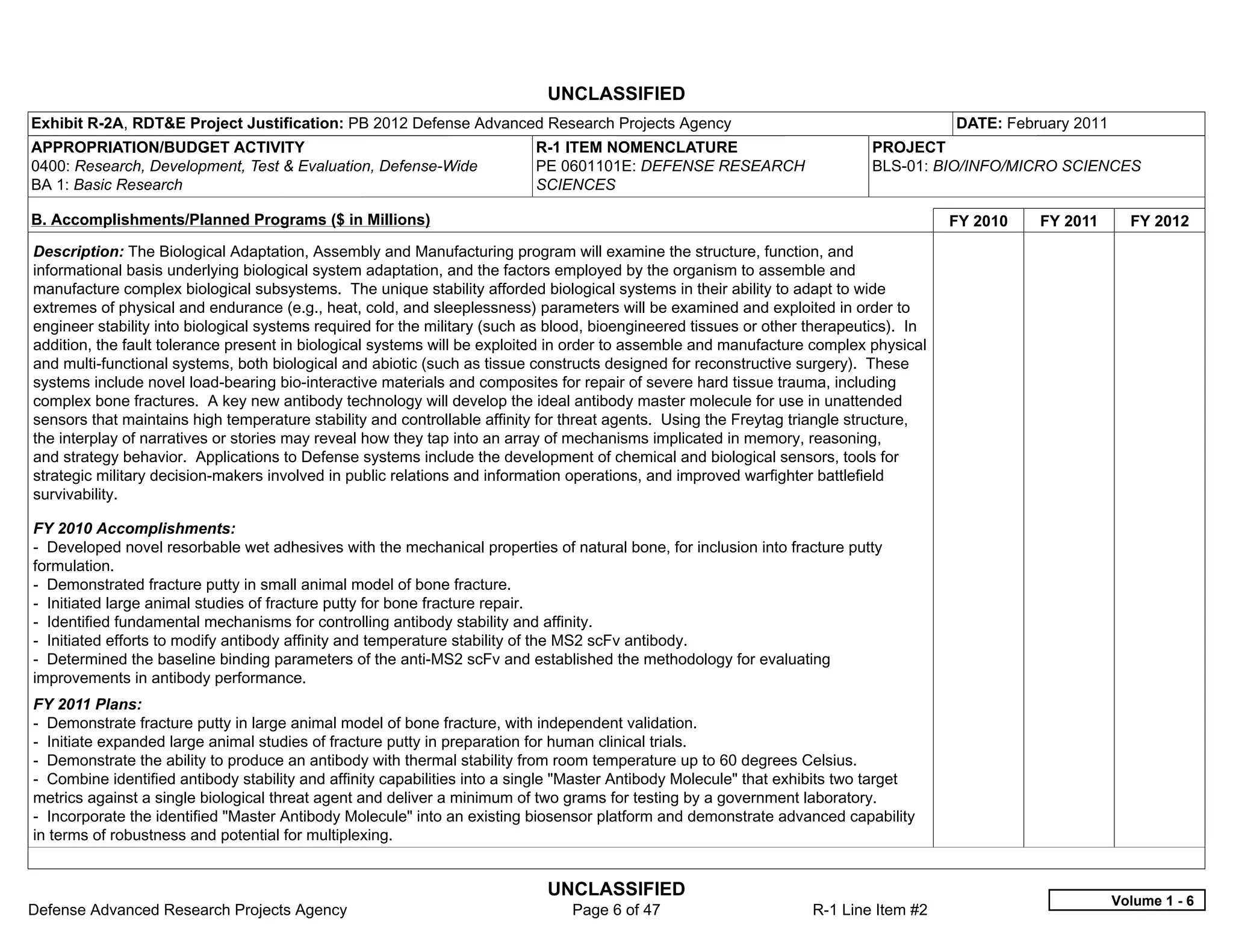 UNCLASSIFIED
Exhibit R-2A, RDT&E Project Justification: PB 2012 Defense Advanced Research Projects Agency                                            DATE: February 2011
APPROPRIATION/BUDGET ACTIVITY                                             R-1 ITEM NOMENCLATURE                             PROJECT
0400: Research, Development, Test & Evaluation, Defense-Wide              PE 0601101E: DEFENSE RESEARCH                     BLS-01: BIO/INFO/MICRO SCIENCES
BA 1: Basic Research                                                      SCIENCES

B. Accomplishments/Planned Programs ($ in Millions)                                                                                     FY 2010   FY 2011       FY 2012
Description: The Biological Adaptation, Assembly and Manufacturing program will examine the structure, function, and
informational basis underlying biological system adaptation, and the factors employed by the organism to assemble and
manufacture complex biological subsystems. The unique stability afforded biological systems in their ability to adapt to wide
extremes of physical and endurance (e.g., heat, cold, and sleeplessness) parameters will be examined and exploited in order to
engineer stability into biological systems required for the military (such as blood, bioengineered tissues or other therapeutics). In
addition, the fault tolerance present in biological systems will be exploited in order to assemble and manufacture complex physical
and multi-functional systems, both biological and abiotic (such as tissue constructs designed for reconstructive surgery). These
systems include novel load-bearing bio-interactive materials and composites for repair of severe hard tissue trauma, including
complex bone fractures. A key new antibody technology will develop the ideal antibody master molecule for use in unattended
sensors that maintains high temperature stability and controllable affinity for threat agents. Using the Freytag triangle structure,
the interplay of narratives or stories may reveal how they tap into an array of mechanisms implicated in memory, reasoning,
and strategy behavior. Applications to Defense systems include the development of chemical and biological sensors, tools for
strategic military decision-makers involved in public relations and information operations, and improved warfighter battlefield
survivability.

FY 2010 Accomplishments:
- Developed novel resorbable wet adhesives with the mechanical properties of natural bone, for inclusion into fracture putty
formulation.
- Demonstrated fracture putty in small animal model of bone fracture.
- Initiated large animal studies of fracture putty for bone fracture repair.
- Identified fundamental mechanisms for controlling antibody stability and affinity.
- Initiated efforts to modify antibody affinity and temperature stability of the MS2 scFv antibody.
- Determined the baseline binding parameters of the anti-MS2 scFv and established the methodology for evaluating
improvements in antibody performance.
FY 2011 Plans:
- Demonstrate fracture putty in large animal model of bone fracture, with independent validation.
- Initiate expanded large animal studies of fracture putty in preparation for human clinical trials.
- Demonstrate the ability to produce an antibody with thermal stability from room temperature up to 60 degrees Celsius.
- Combine identified antibody stability and affinity capabilities into a single "Master Antibody Molecule" that exhibits two target
metrics against a single biological threat agent and deliver a minimum of two grams for testing by a government laboratory.
- Incorporate the identified "Master Antibody Molecule" into an existing biosensor platform and demonstrate advanced capability
in terms of robustness and potential for multiplexing.


                                                                            UNCLASSIFIED
                                                                                                                                                              Volume 1 - 6
Defense Advanced Research Projects Agency                                       Page 6 of 47                        R-1 Line Item #2
 