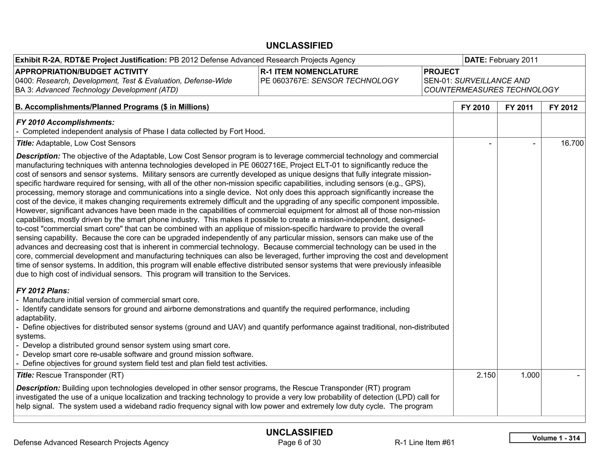 UNCLASSIFIED
Exhibit R-2A, RDT&E Project Justification: PB 2012 Defense Advanced Research Projects Agency                                             DATE: February 2011
APPROPRIATION/BUDGET ACTIVITY                                              R-1 ITEM NOMENCLATURE                              PROJECT
0400: Research, Development, Test & Evaluation, Defense-Wide               PE 0603767E: SENSOR TECHNOLOGY                     SEN-01: SURVEILLANCE AND
BA 3: Advanced Technology Development (ATD)                                                                                   COUNTERMEASURES TECHNOLOGY

B. Accomplishments/Planned Programs ($ in Millions)                                                                                      FY 2010     FY 2011     FY 2012
FY 2010 Accomplishments:
- Completed independent analysis of Phase I data collected by Fort Hood.
Title: Adaptable, Low Cost Sensors                                                                                                             -           -       16.700
Description: The objective of the Adaptable, Low Cost Sensor program is to leverage commercial technology and commercial
manufacturing techniques with antenna technologies developed in PE 0602716E, Project ELT-01 to significantly reduce the
cost of sensors and sensor systems. Military sensors are currently developed as unique designs that fully integrate mission-
specific hardware required for sensing, with all of the other non-mission specific capabilities, including sensors (e.g., GPS),
processing, memory storage and communications into a single device. Not only does this approach significantly increase the
cost of the device, it makes changing requirements extremely difficult and the upgrading of any specific component impossible.
However, significant advances have been made in the capabilities of commercial equipment for almost all of those non-mission
capabilities, mostly driven by the smart phone industry. This makes it possible to create a mission-independent, designed-
to-cost "commercial smart core" that can be combined with an applique of mission-specific hardware to provide the overall
sensing capability. Because the core can be upgraded independently of any particular mission, sensors can make use of the
advances and decreasing cost that is inherent in commercial technology. Because commercial technology can be used in the
core, commercial development and manufacturing techniques can also be leveraged, further improving the cost and development
time of sensor systems. In addition, this program will enable effective distributed sensor systems that were previously infeasible
due to high cost of individual sensors. This program will transition to the Services.

FY 2012 Plans:
- Manufacture initial version of commercial smart core.
- Identify candidate sensors for ground and airborne demonstrations and quantify the required performance, including
adaptability.
- Define objectives for distributed sensor systems (ground and UAV) and quantify performance against traditional, non-distributed
systems.
- Develop a distributed ground sensor system using smart core.
- Develop smart core re-usable software and ground mission software.
- Define objectives for ground system field test and plan field test activities.
Title: Rescue Transponder (RT)                                                                                                              2.150       1.000           -  
Description: Building upon technologies developed in other sensor programs, the Rescue Transponder (RT) program
investigated the use of a unique localization and tracking technology to provide a very low probability of detection (LPD) call for
help signal. The system used a wideband radio frequency signal with low power and extremely low duty cycle. The program


                                                                             UNCLASSIFIED
                                                                                                                                                           Volume 1 - 314
Defense Advanced Research Projects Agency                                        Page 6 of 30                        R-1 Line Item #61
 