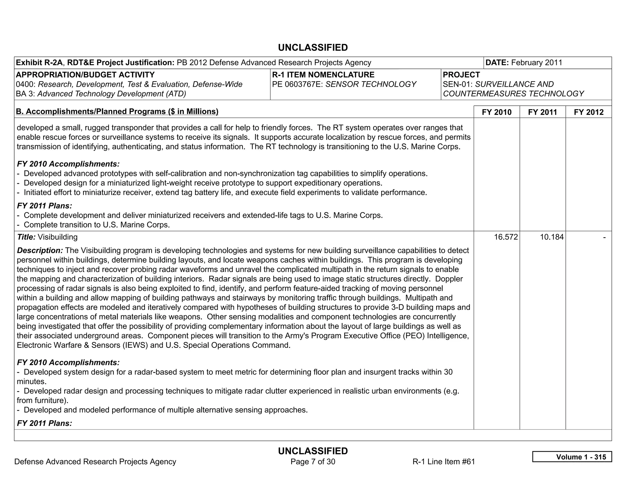 UNCLASSIFIED
Exhibit R-2A, RDT&E Project Justification: PB 2012 Defense Advanced Research Projects Agency                                              DATE: February 2011
APPROPRIATION/BUDGET ACTIVITY                                               R-1 ITEM NOMENCLATURE                             PROJECT
0400: Research, Development, Test & Evaluation, Defense-Wide                PE 0603767E: SENSOR TECHNOLOGY                    SEN-01: SURVEILLANCE AND
BA 3: Advanced Technology Development (ATD)                                                                                   COUNTERMEASURES TECHNOLOGY

B. Accomplishments/Planned Programs ($ in Millions)                                                                                       FY 2010    FY 2011    FY 2012
developed a small, rugged transponder that provides a call for help to friendly forces. The RT system operates over ranges that
enable rescue forces or surveillance systems to receive its signals. It supports accurate localization by rescue forces, and permits
transmission of identifying, authenticating, and status information. The RT technology is transitioning to the U.S. Marine Corps.

FY 2010 Accomplishments:
- Developed advanced prototypes with self-calibration and non-synchronization tag capabilities to simplify operations.
- Developed design for a miniaturized light-weight receive prototype to support expeditionary operations.
- Initiated effort to miniaturize receiver, extend tag battery life, and execute field experiments to validate performance.
FY 2011 Plans:
- Complete development and deliver miniaturized receivers and extended-life tags to U.S. Marine Corps.
- Complete transition to U.S. Marine Corps.
Title: Visibuilding                                                                                                                         16.572     10.184           -  
Description: The Visibuilding program is developing technologies and systems for new building surveillance capabilities to detect
personnel within buildings, determine building layouts, and locate weapons caches within buildings. This program is developing
techniques to inject and recover probing radar waveforms and unravel the complicated multipath in the return signals to enable
the mapping and characterization of building interiors. Radar signals are being used to image static structures directly. Doppler
processing of radar signals is also being exploited to find, identify, and perform feature-aided tracking of moving personnel
within a building and allow mapping of building pathways and stairways by monitoring traffic through buildings. Multipath and
propagation effects are modeled and iteratively compared with hypotheses of building structures to provide 3-D building maps and
large concentrations of metal materials like weapons. Other sensing modalities and component technologies are concurrently
being investigated that offer the possibility of providing complementary information about the layout of large buildings as well as
their associated underground areas. Component pieces will transition to the Army's Program Executive Office (PEO) Intelligence,
Electronic Warfare & Sensors (IEWS) and U.S. Special Operations Command.

FY 2010 Accomplishments:
- Developed system design for a radar-based system to meet metric for determining floor plan and insurgent tracks within 30
minutes.
- Developed radar design and processing techniques to mitigate radar clutter experienced in realistic urban environments (e.g.
from furniture).
- Developed and modeled performance of multiple alternative sensing approaches.
FY 2011 Plans:


                                                                              UNCLASSIFIED
                                                                                                                                                           Volume 1 - 315
Defense Advanced Research Projects Agency                                        Page 7 of 30                         R-1 Line Item #61
 