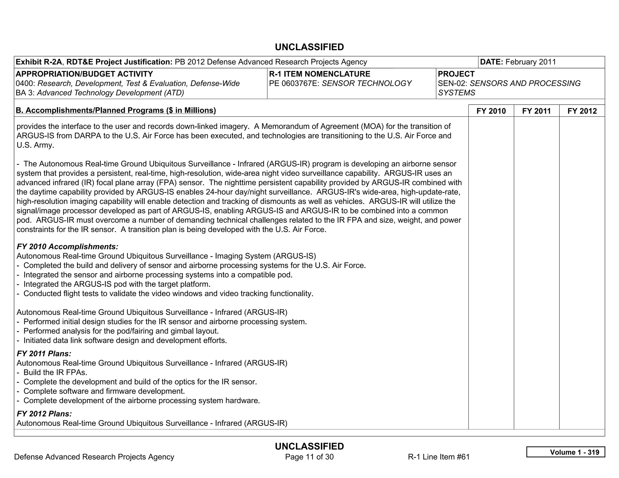 UNCLASSIFIED
Exhibit R-2A, RDT&E Project Justification: PB 2012 Defense Advanced Research Projects Agency                                         DATE: February 2011
APPROPRIATION/BUDGET ACTIVITY                                            R-1 ITEM NOMENCLATURE                            PROJECT
0400: Research, Development, Test & Evaluation, Defense-Wide             PE 0603767E: SENSOR TECHNOLOGY                   SEN-02: SENSORS AND PROCESSING
BA 3: Advanced Technology Development (ATD)                                                                               SYSTEMS

B. Accomplishments/Planned Programs ($ in Millions)                                                                                  FY 2010   FY 2011     FY 2012
provides the interface to the user and records down-linked imagery. A Memorandum of Agreement (MOA) for the transition of
ARGUS-IS from DARPA to the U.S. Air Force has been executed, and technologies are transitioning to the U.S. Air Force and
U.S. Army.

- The Autonomous Real-time Ground Ubiquitous Surveillance - Infrared (ARGUS-IR) program is developing an airborne sensor
system that provides a persistent, real-time, high-resolution, wide-area night video surveillance capability. ARGUS-IR uses an
advanced infrared (IR) focal plane array (FPA) sensor. The nighttime persistent capability provided by ARGUS-IR combined with
the daytime capability provided by ARGUS-IS enables 24-hour day/night surveillance. ARGUS-IR's wide-area, high-update-rate,
high-resolution imaging capability will enable detection and tracking of dismounts as well as vehicles. ARGUS-IR will utilize the
signal/image processor developed as part of ARGUS-IS, enabling ARGUS-IS and ARGUS-IR to be combined into a common
pod. ARGUS-IR must overcome a number of demanding technical challenges related to the IR FPA and size, weight, and power
constraints for the IR sensor. A transition plan is being developed with the U.S. Air Force.

FY 2010 Accomplishments:
Autonomous Real-time Ground Ubiquitous Surveillance - Imaging System (ARGUS-IS)
- Completed the build and delivery of sensor and airborne processing systems for the U.S. Air Force.
- Integrated the sensor and airborne processing systems into a compatible pod.
- Integrated the ARGUS-IS pod with the target platform.
- Conducted flight tests to validate the video windows and video tracking functionality.

Autonomous Real-time Ground Ubiquitous Surveillance - Infrared (ARGUS-IR)
- Performed initial design studies for the IR sensor and airborne processing system.
- Performed analysis for the pod/fairing and gimbal layout.
- Initiated data link software design and development efforts.
FY 2011 Plans:
Autonomous Real-time Ground Ubiquitous Surveillance - Infrared (ARGUS-IR)
- Build the IR FPAs.
- Complete the development and build of the optics for the IR sensor.
- Complete software and firmware development.
- Complete development of the airborne processing system hardware.
FY 2012 Plans:
Autonomous Real-time Ground Ubiquitous Surveillance - Infrared (ARGUS-IR)


                                                                          UNCLASSIFIED
                                                                                                                                                      Volume 1 - 319
Defense Advanced Research Projects Agency                                    Page 11 of 30                       R-1 Line Item #61
 