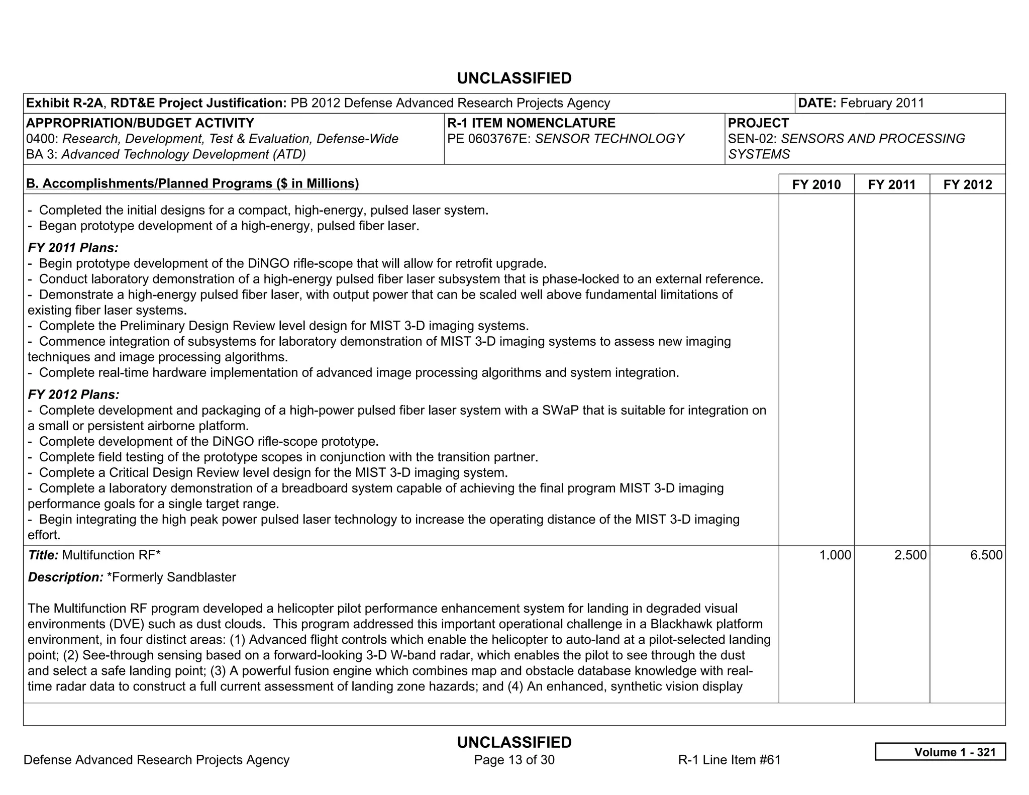 UNCLASSIFIED
Exhibit R-2A, RDT&E Project Justification: PB 2012 Defense Advanced Research Projects Agency                                             DATE: February 2011
APPROPRIATION/BUDGET ACTIVITY                                              R-1 ITEM NOMENCLATURE                              PROJECT
0400: Research, Development, Test & Evaluation, Defense-Wide               PE 0603767E: SENSOR TECHNOLOGY                     SEN-02: SENSORS AND PROCESSING
BA 3: Advanced Technology Development (ATD)                                                                                   SYSTEMS

B. Accomplishments/Planned Programs ($ in Millions)                                                                                      FY 2010    FY 2011    FY 2012
- Completed the initial designs for a compact, high-energy, pulsed laser system.
- Began prototype development of a high-energy, pulsed fiber laser.
FY 2011 Plans:
- Begin prototype development of the DiNGO rifle-scope that will allow for retrofit upgrade.
- Conduct laboratory demonstration of a high-energy pulsed fiber laser subsystem that is phase-locked to an external reference.
- Demonstrate a high-energy pulsed fiber laser, with output power that can be scaled well above fundamental limitations of
existing fiber laser systems.
- Complete the Preliminary Design Review level design for MIST 3-D imaging systems.
- Commence integration of subsystems for laboratory demonstration of MIST 3-D imaging systems to assess new imaging
techniques and image processing algorithms.
- Complete real-time hardware implementation of advanced image processing algorithms and system integration.
FY 2012 Plans:
- Complete development and packaging of a high-power pulsed fiber laser system with a SWaP that is suitable for integration on
a small or persistent airborne platform.
- Complete development of the DiNGO rifle-scope prototype.
- Complete field testing of the prototype scopes in conjunction with the transition partner.
- Complete a Critical Design Review level design for the MIST 3-D imaging system.
- Complete a laboratory demonstration of a breadboard system capable of achieving the final program MIST 3-D imaging
performance goals for a single target range.
- Begin integrating the high peak power pulsed laser technology to increase the operating distance of the MIST 3-D imaging
effort.
Title: Multifunction RF*                                                                                                                    1.000      2.500       6.500
Description: *Formerly Sandblaster

The Multifunction RF program developed a helicopter pilot performance enhancement system for landing in degraded visual
environments (DVE) such as dust clouds. This program addressed this important operational challenge in a Blackhawk platform
environment, in four distinct areas: (1) Advanced flight controls which enable the helicopter to auto-land at a pilot-selected landing
point; (2) See-through sensing based on a forward-looking 3-D W-band radar, which enables the pilot to see through the dust
and select a safe landing point; (3) A powerful fusion engine which combines map and obstacle database knowledge with real-
time radar data to construct a full current assessment of landing zone hazards; and (4) An enhanced, synthetic vision display



                                                                             UNCLASSIFIED
                                                                                                                                                          Volume 1 - 321
Defense Advanced Research Projects Agency                                       Page 13 of 30                        R-1 Line Item #61
 