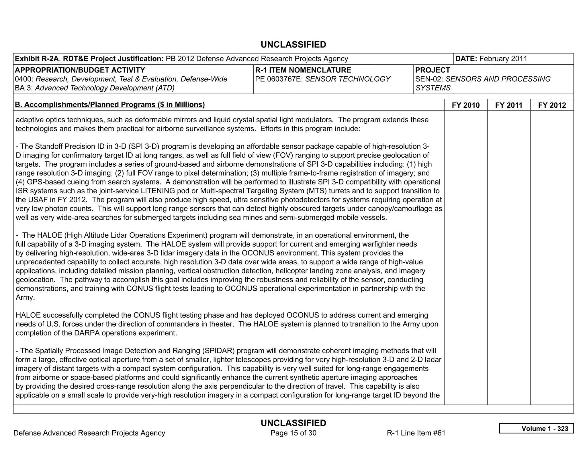 UNCLASSIFIED
Exhibit R-2A, RDT&E Project Justification: PB 2012 Defense Advanced Research Projects Agency                                              DATE: February 2011
APPROPRIATION/BUDGET ACTIVITY                                              R-1 ITEM NOMENCLATURE                              PROJECT
0400: Research, Development, Test & Evaluation, Defense-Wide               PE 0603767E: SENSOR TECHNOLOGY                     SEN-02: SENSORS AND PROCESSING
BA 3: Advanced Technology Development (ATD)                                                                                   SYSTEMS

B. Accomplishments/Planned Programs ($ in Millions)                                                                                       FY 2010   FY 2011     FY 2012
adaptive optics techniques, such as deformable mirrors and liquid crystal spatial light modulators. The program extends these
technologies and makes them practical for airborne surveillance systems. Efforts in this program include:

- The Standoff Precision ID in 3-D (SPI 3-D) program is developing an affordable sensor package capable of high-resolution 3-
D imaging for confirmatory target ID at long ranges, as well as full field of view (FOV) ranging to support precise geolocation of
targets. The program includes a series of ground-based and airborne demonstrations of SPI 3-D capabilities including: (1) high
range resolution 3-D imaging; (2) full FOV range to pixel determination; (3) multiple frame-to-frame registration of imagery; and
(4) GPS-based cueing from search systems. A demonstration will be performed to illustrate SPI 3-D compatibility with operational
ISR systems such as the joint-service LITENING pod or Multi-spectral Targeting System (MTS) turrets and to support transition to
the USAF in FY 2012. The program will also produce high speed, ultra sensitive photodetectors for systems requiring operation at
very low photon counts. This will support long range sensors that can detect highly obscured targets under canopy/camouflage as
well as very wide-area searches for submerged targets including sea mines and semi-submerged mobile vessels.

- The HALOE (High Altitude Lidar Operations Experiment) program will demonstrate, in an operational environment, the
full capability of a 3-D imaging system. The HALOE system will provide support for current and emerging warfighter needs
by delivering high-resolution, wide-area 3-D lidar imagery data in the OCONUS environment. This system provides the
unprecedented capability to collect accurate, high resolution 3-D data over wide areas, to support a wide range of high-value
applications, including detailed mission planning, vertical obstruction detection, helicopter landing zone analysis, and imagery
geolocation. The pathway to accomplish this goal includes improving the robustness and reliability of the sensor, conducting
demonstrations, and training with CONUS flight tests leading to OCONUS operational experimentation in partnership with the
Army.

HALOE successfully completed the CONUS flight testing phase and has deployed OCONUS to address current and emerging
needs of U.S. forces under the direction of commanders in theater. The HALOE system is planned to transition to the Army upon
completion of the DARPA operations experiment.

- The Spatially Processed Image Detection and Ranging (SPIDAR) program will demonstrate coherent imaging methods that will
form a large, effective optical aperture from a set of smaller, lighter telescopes providing for very high-resolution 3-D and 2-D ladar
imagery of distant targets with a compact system configuration. This capability is very well suited for long-range engagements
from airborne or space-based platforms and could significantly enhance the current synthetic aperture imaging approaches
by providing the desired cross-range resolution along the axis perpendicular to the direction of travel. This capability is also
applicable on a small scale to provide very-high resolution imagery in a compact configuration for long-range target ID beyond the


                                                                             UNCLASSIFIED
                                                                                                                                                           Volume 1 - 323
Defense Advanced Research Projects Agency                                       Page 15 of 30                        R-1 Line Item #61
 