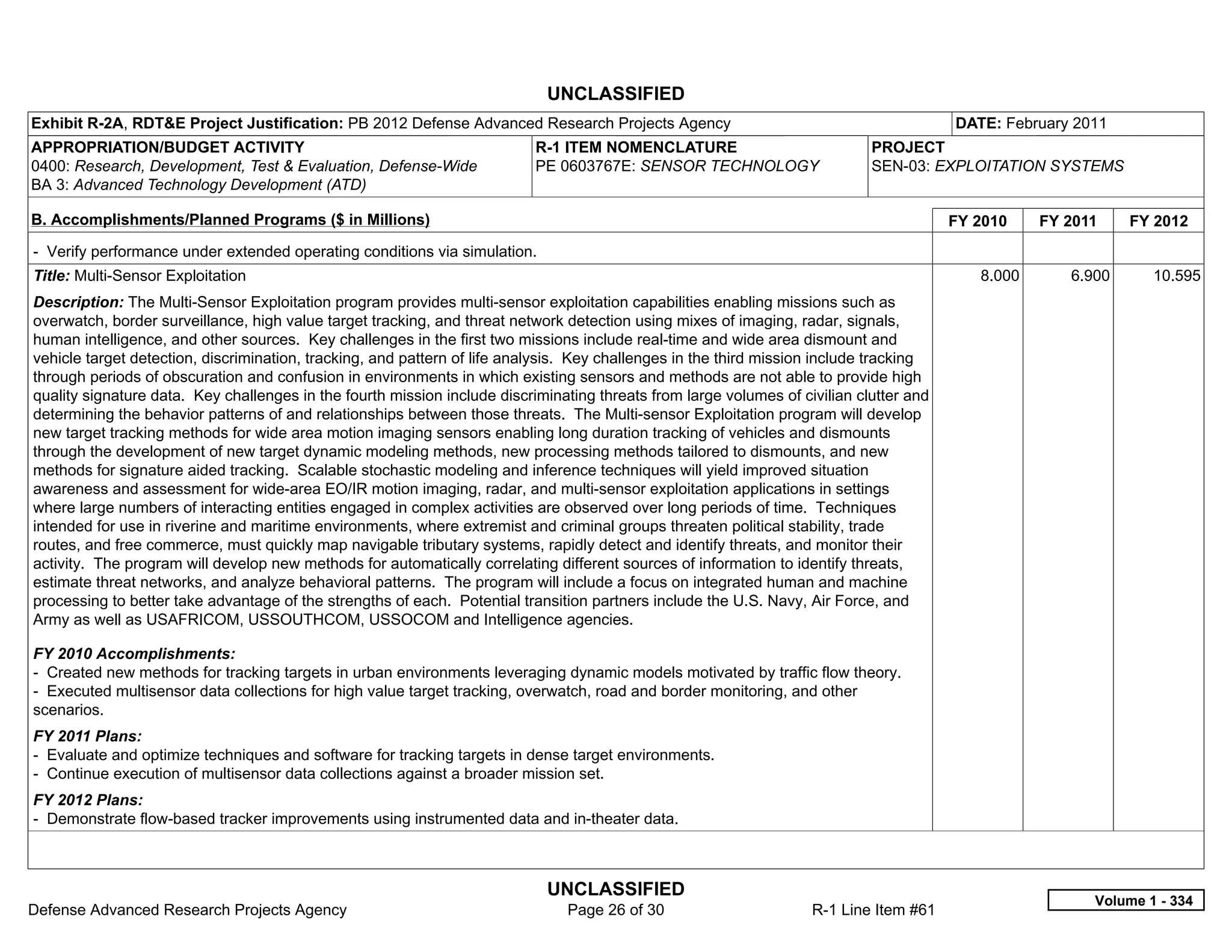 UNCLASSIFIED
Exhibit R-2A, RDT&E Project Justification: PB 2012 Defense Advanced Research Projects Agency                                             DATE: February 2011
APPROPRIATION/BUDGET ACTIVITY                                              R-1 ITEM NOMENCLATURE                             PROJECT
0400: Research, Development, Test & Evaluation, Defense-Wide               PE 0603767E: SENSOR TECHNOLOGY                    SEN-03: EXPLOITATION SYSTEMS
BA 3: Advanced Technology Development (ATD)

B. Accomplishments/Planned Programs ($ in Millions)                                                                                      FY 2010    FY 2011    FY 2012
- Verify performance under extended operating conditions via simulation.
Title: Multi-Sensor Exploitation                                                                                                            8.000      6.900      10.595
Description: The Multi-Sensor Exploitation program provides multi-sensor exploitation capabilities enabling missions such as
overwatch, border surveillance, high value target tracking, and threat network detection using mixes of imaging, radar, signals,
human intelligence, and other sources. Key challenges in the first two missions include real-time and wide area dismount and
vehicle target detection, discrimination, tracking, and pattern of life analysis. Key challenges in the third mission include tracking
through periods of obscuration and confusion in environments in which existing sensors and methods are not able to provide high
quality signature data. Key challenges in the fourth mission include discriminating threats from large volumes of civilian clutter and
determining the behavior patterns of and relationships between those threats. The Multi-sensor Exploitation program will develop
new target tracking methods for wide area motion imaging sensors enabling long duration tracking of vehicles and dismounts
through the development of new target dynamic modeling methods, new processing methods tailored to dismounts, and new
methods for signature aided tracking. Scalable stochastic modeling and inference techniques will yield improved situation
awareness and assessment for wide-area EO/IR motion imaging, radar, and multi-sensor exploitation applications in settings
where large numbers of interacting entities engaged in complex activities are observed over long periods of time. Techniques
intended for use in riverine and maritime environments, where extremist and criminal groups threaten political stability, trade
routes, and free commerce, must quickly map navigable tributary systems, rapidly detect and identify threats, and monitor their
activity. The program will develop new methods for automatically correlating different sources of information to identify threats,
estimate threat networks, and analyze behavioral patterns. The program will include a focus on integrated human and machine
processing to better take advantage of the strengths of each. Potential transition partners include the U.S. Navy, Air Force, and
Army as well as USAFRICOM, USSOUTHCOM, USSOCOM and Intelligence agencies.

FY 2010 Accomplishments:
- Created new methods for tracking targets in urban environments leveraging dynamic models motivated by traffic flow theory.
- Executed multisensor data collections for high value target tracking, overwatch, road and border monitoring, and other
scenarios.
FY 2011 Plans:
- Evaluate and optimize techniques and software for tracking targets in dense target environments.
- Continue execution of multisensor data collections against a broader mission set.
FY 2012 Plans:
- Demonstrate flow-based tracker improvements using instrumented data and in-theater data.



                                                                            UNCLASSIFIED
                                                                                                                                                          Volume 1 - 334
Defense Advanced Research Projects Agency                                      Page 26 of 30                        R-1 Line Item #61
 